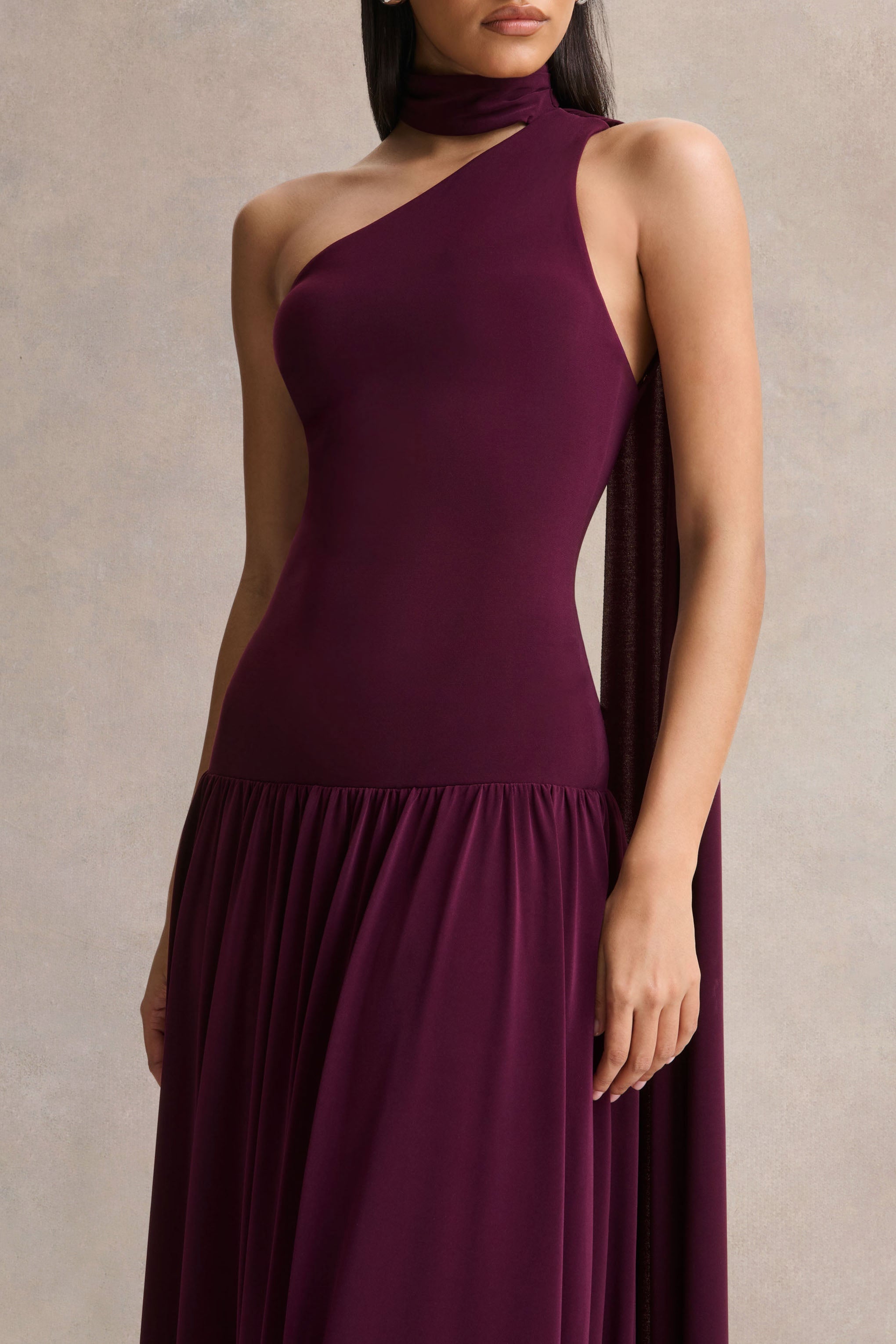Freesia | Plum Asymmetric-Neck Maxi Dress With Scarf-Detail