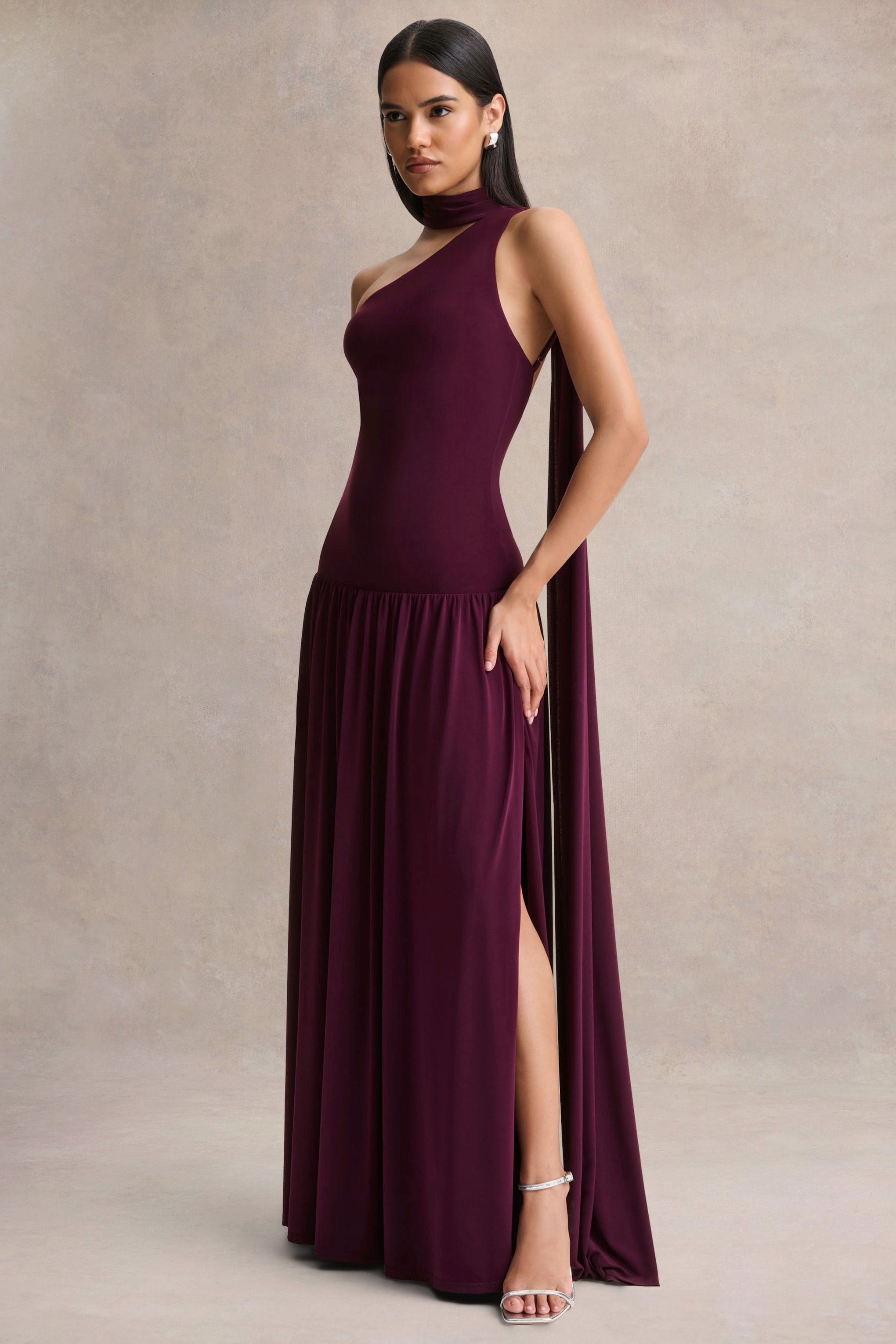 Freesia | Plum Asymmetric-Neck Maxi Dress With Scarf-Detail