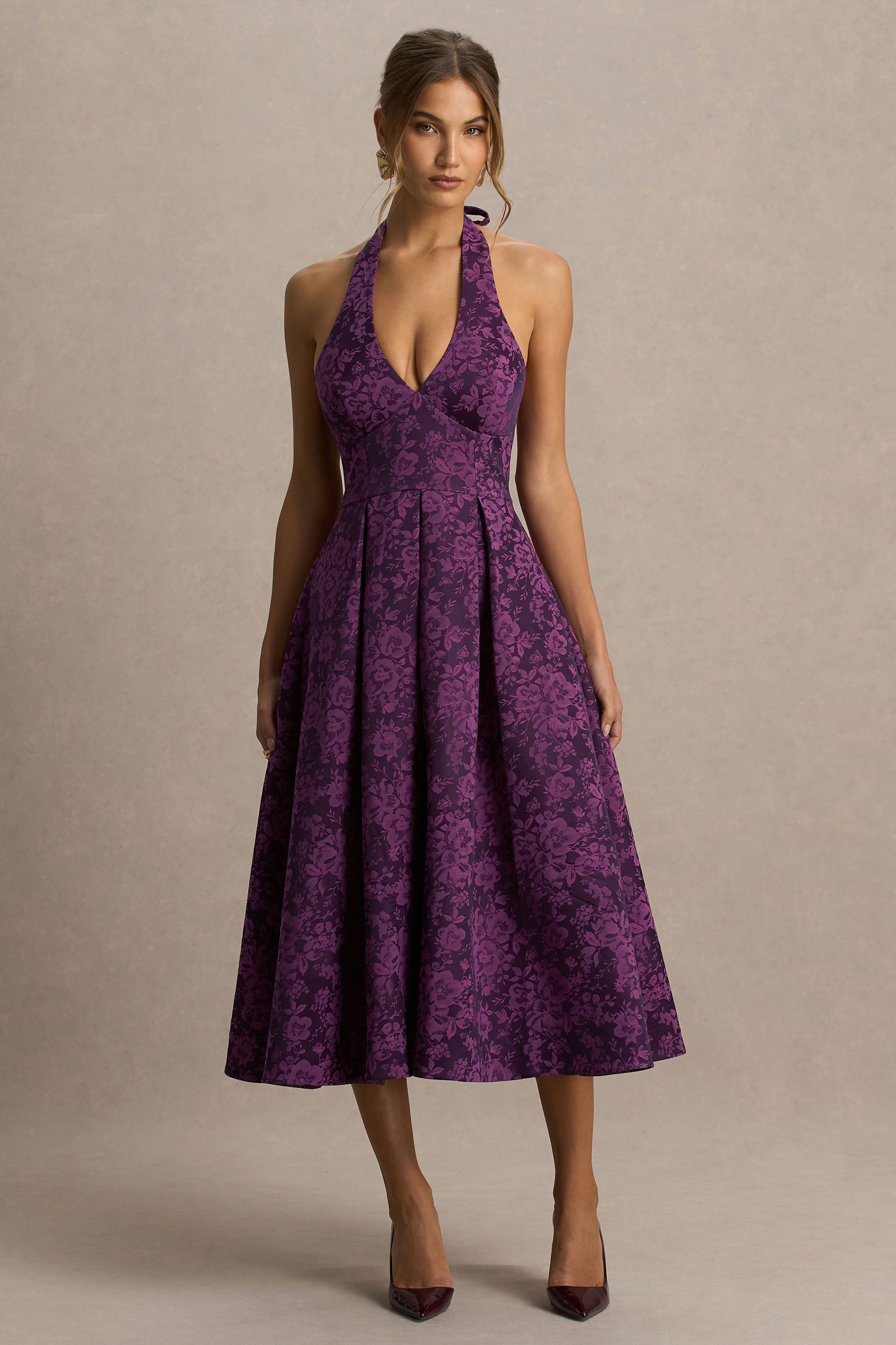 Isabeau | Purple Satin Plunge-Neck Midi Dress