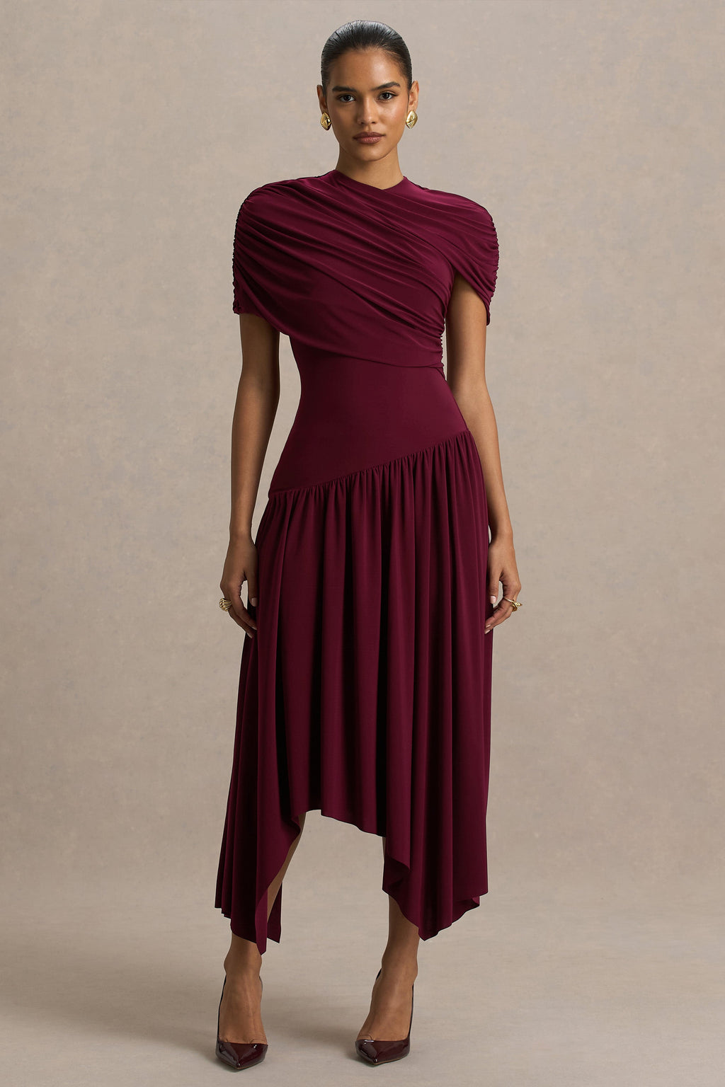 Ione | Burgundy Wrapped Midi Dress With Hanky Hem