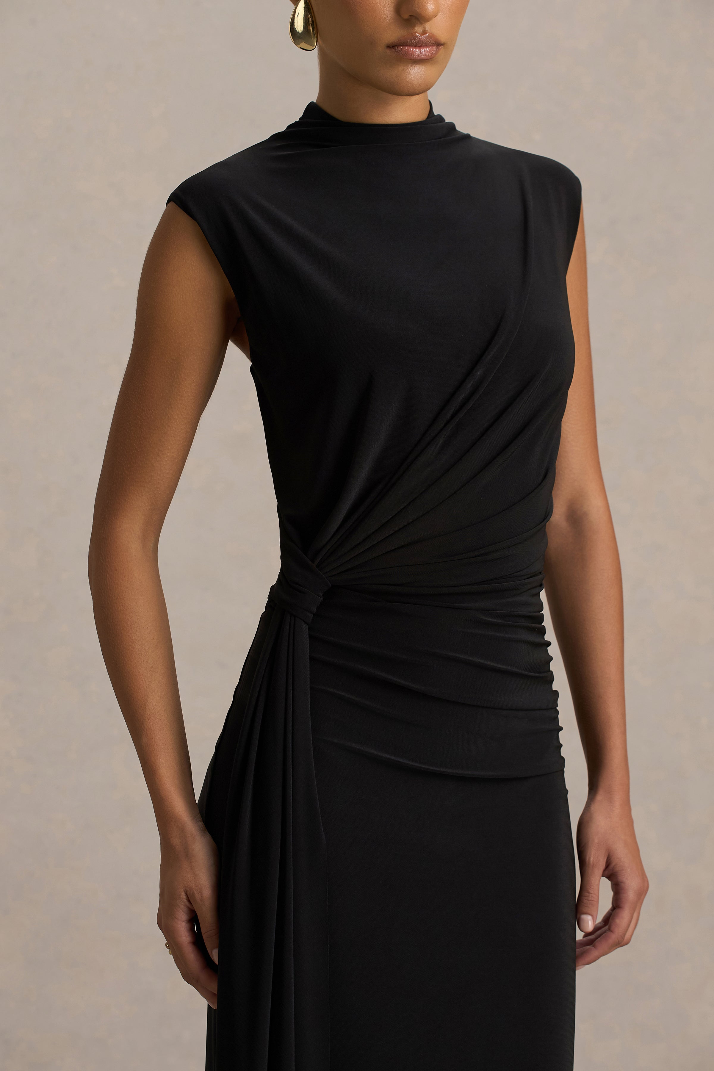 Solene | Black High-Neck Maxi Dress With Wrap And Drape Detail