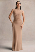 Solene | Brown High-Neck Maxi Dress With Wrap And Drape Detail