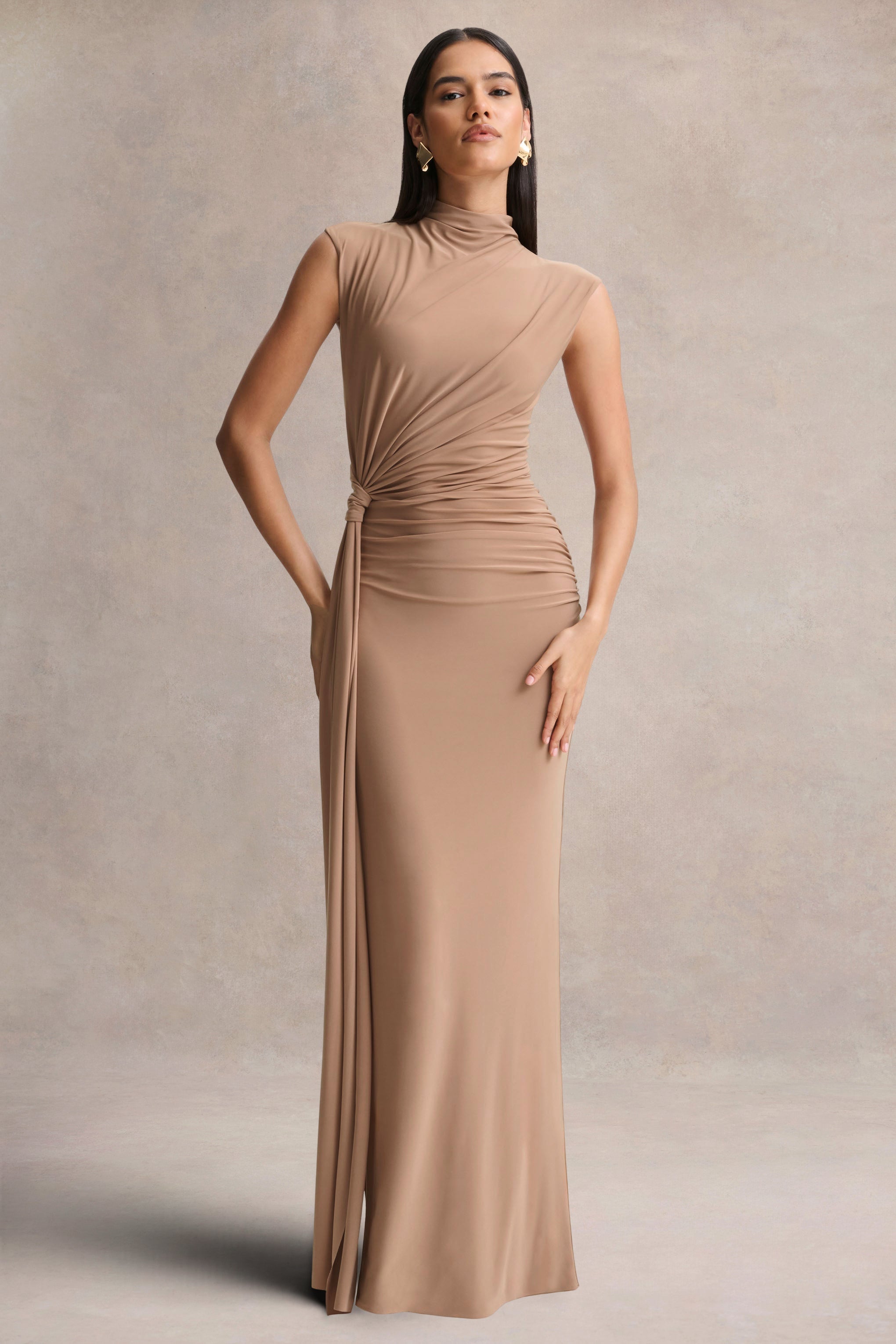 Solene | Brown High-Neck Maxi Dress With Wrap And Drape Detail