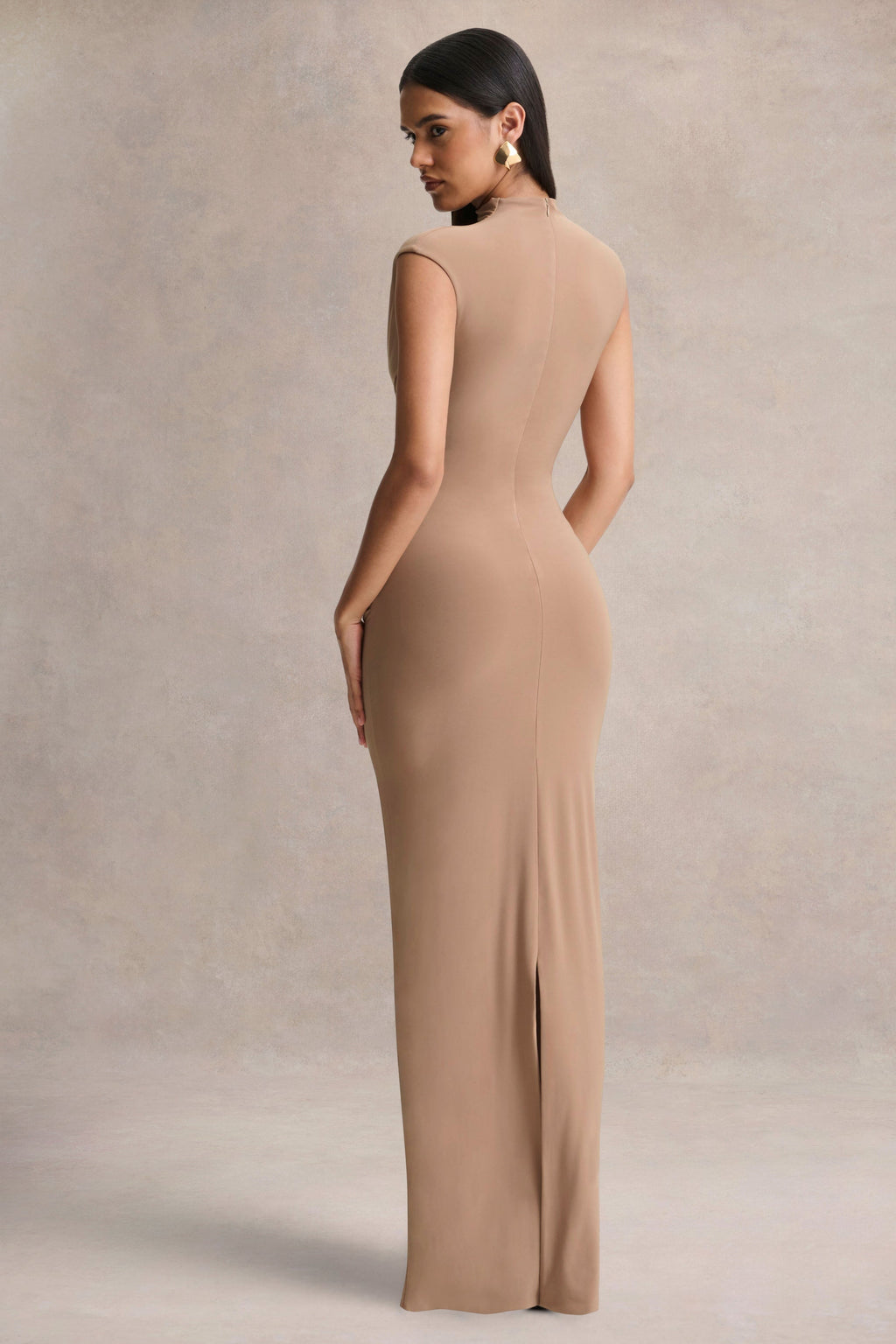Solene | Brown High-Neck Maxi Dress With Wrap And Drape Detail