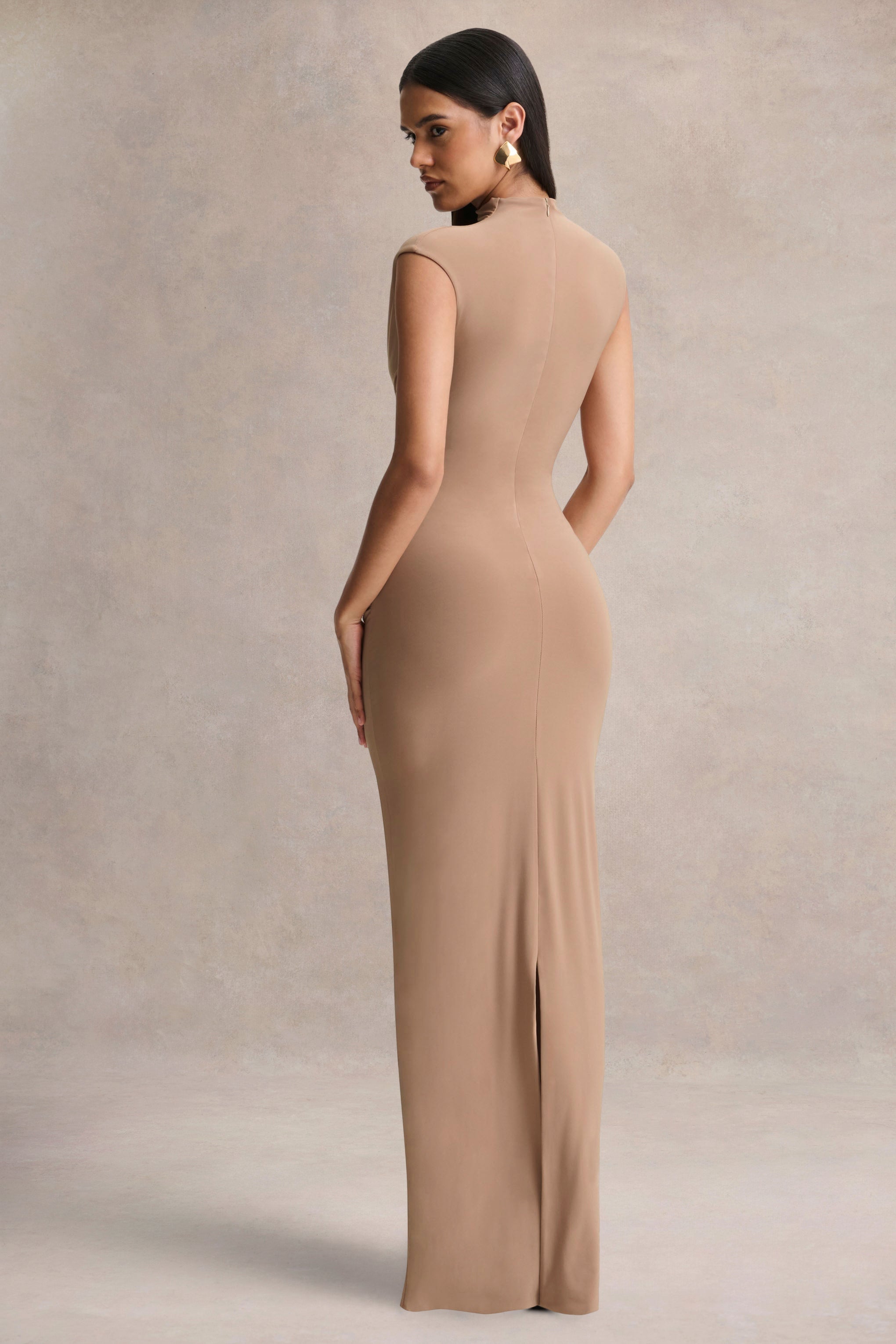 Solene | Brown High-Neck Maxi Dress With Wrap And Drape Detail