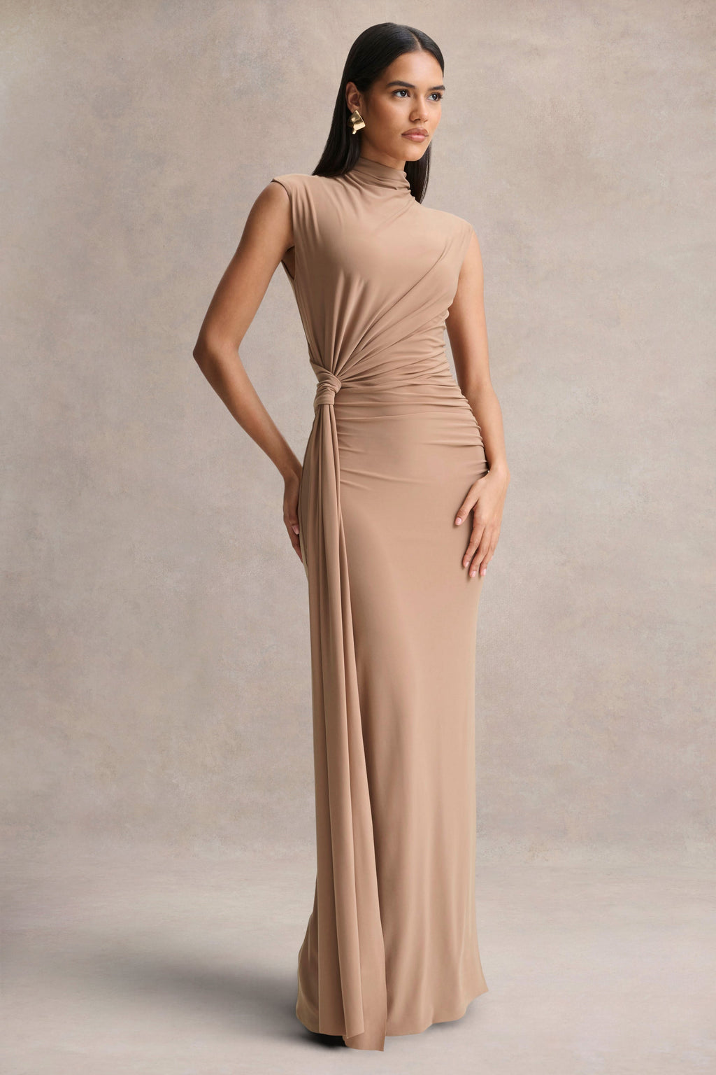 Solene | Brown High-Neck Maxi Dress With Wrap And Drape Detail