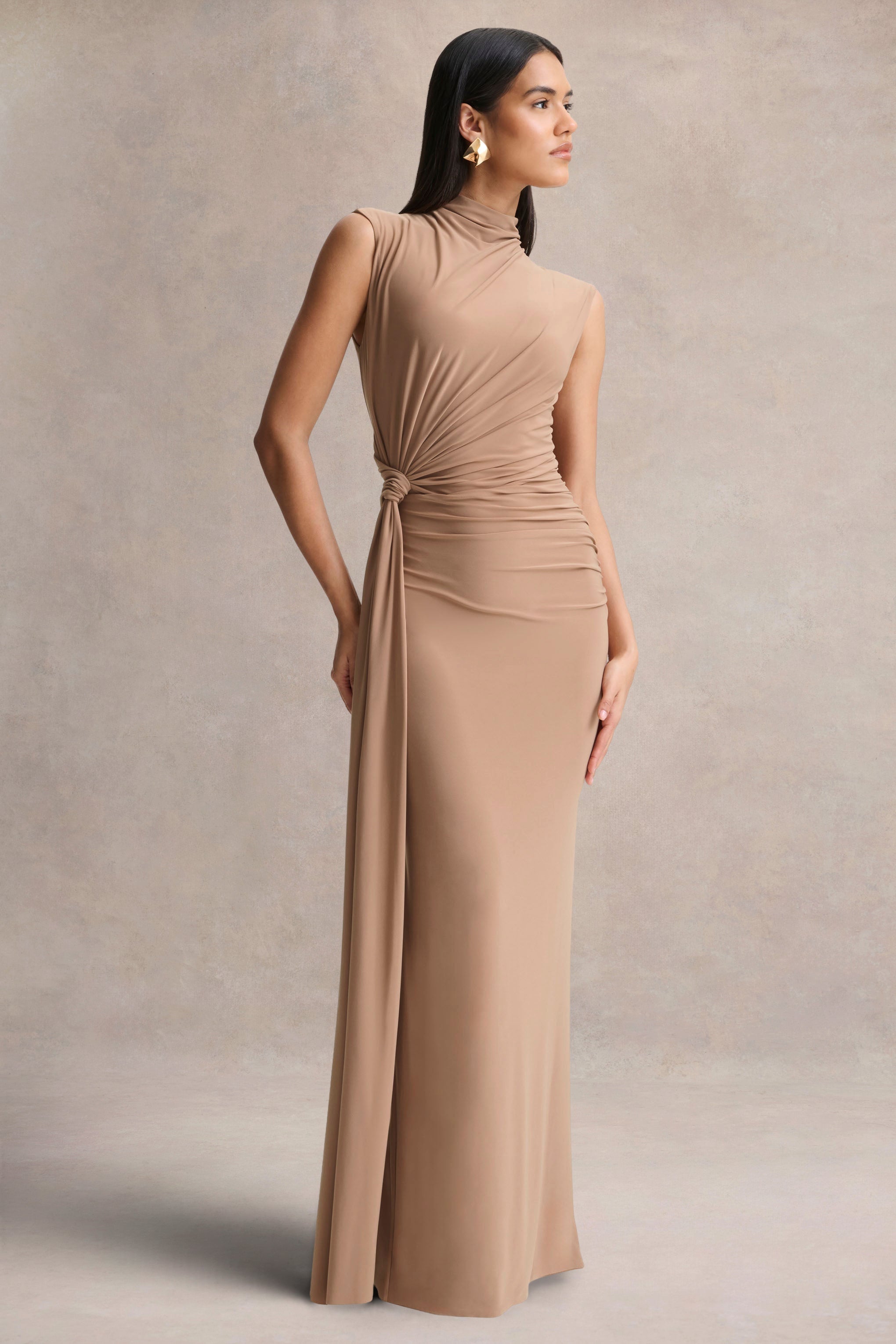 Solene | Brown High-Neck Maxi Dress With Wrap And Drape Detail