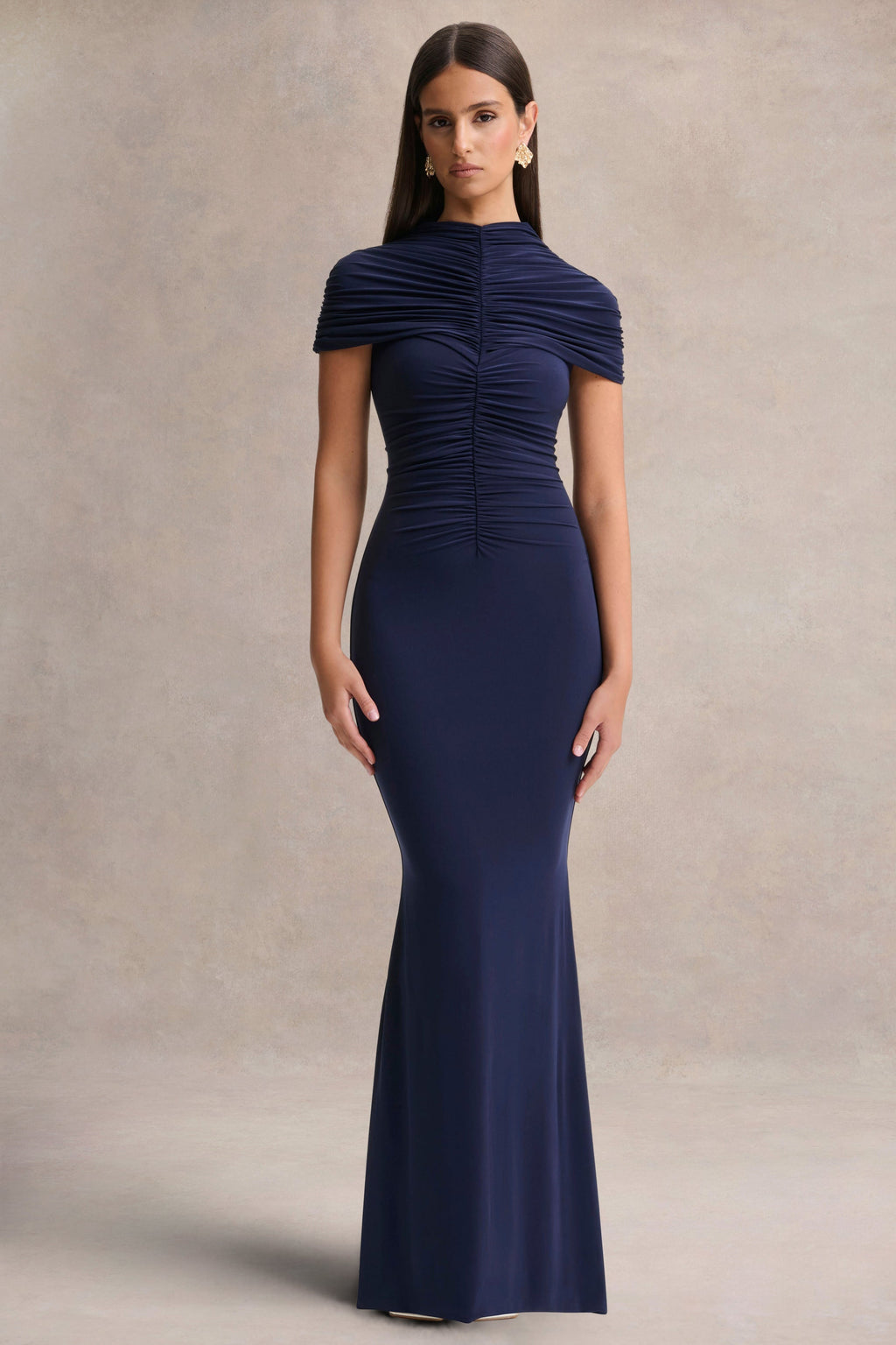 Azaria | Navy High-Neck Maxi Dress With Ruched Detailing