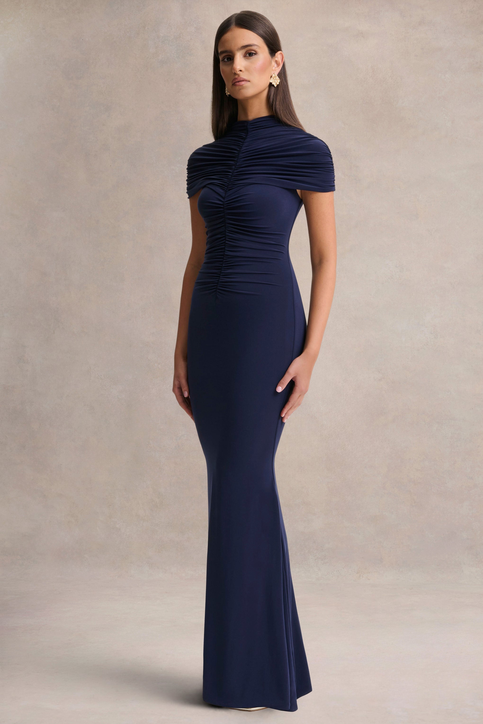 Azaria | Navy High-Neck Maxi Dress With Ruched Detailing