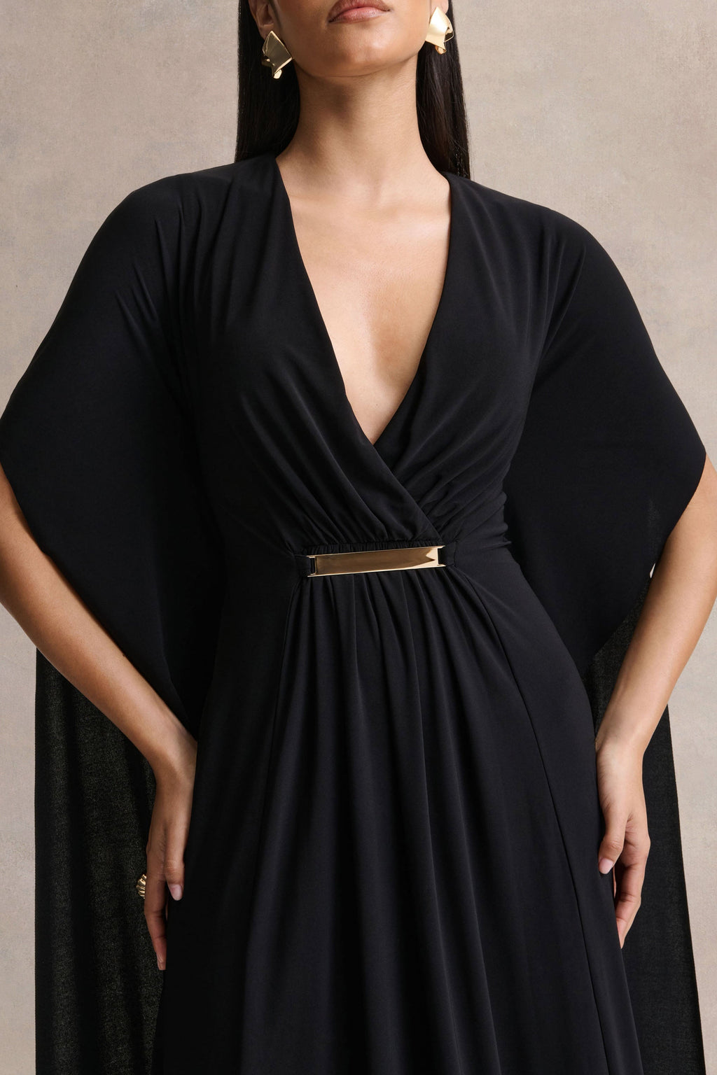 Romilly | Black Plunge-Neck Maxi Dress With Gathered Detail
