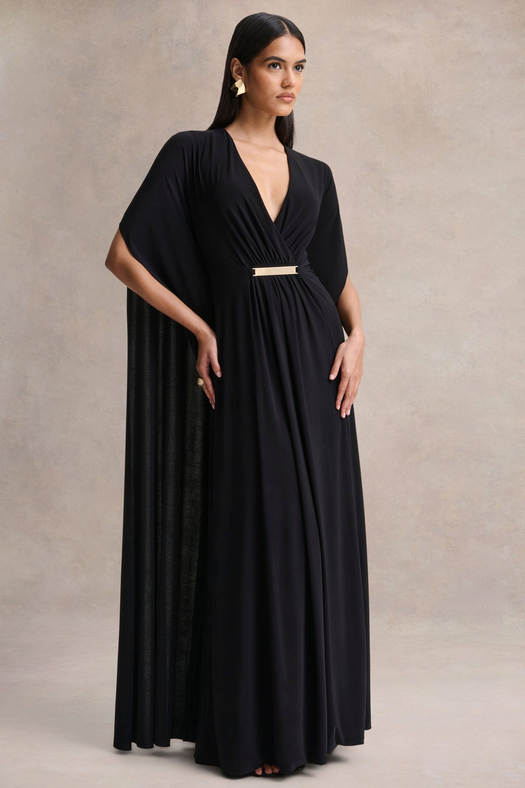 Romilly | Black Plunge-Neck Maxi Dress With Gathered Detail