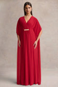 Romilly | Red Plunge-Neck Maxi Dress With Gathered Detail