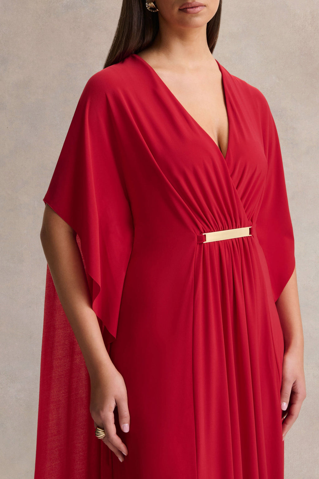 Romilly | Red Plunge-Neck Maxi Dress With Gathered Detail
