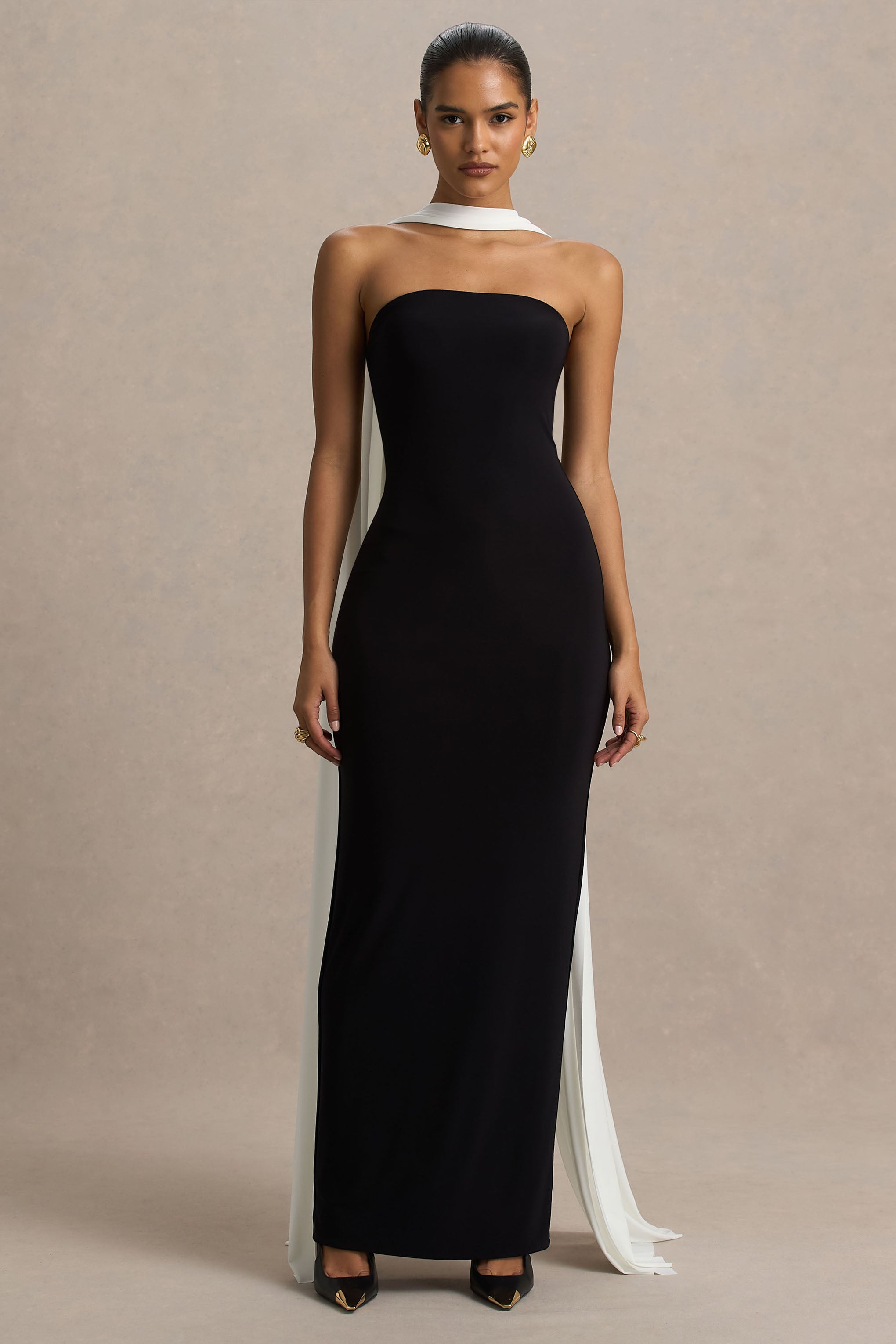 Kelilah | Black And White Bandeau Maxi Dress With Scarf Detail