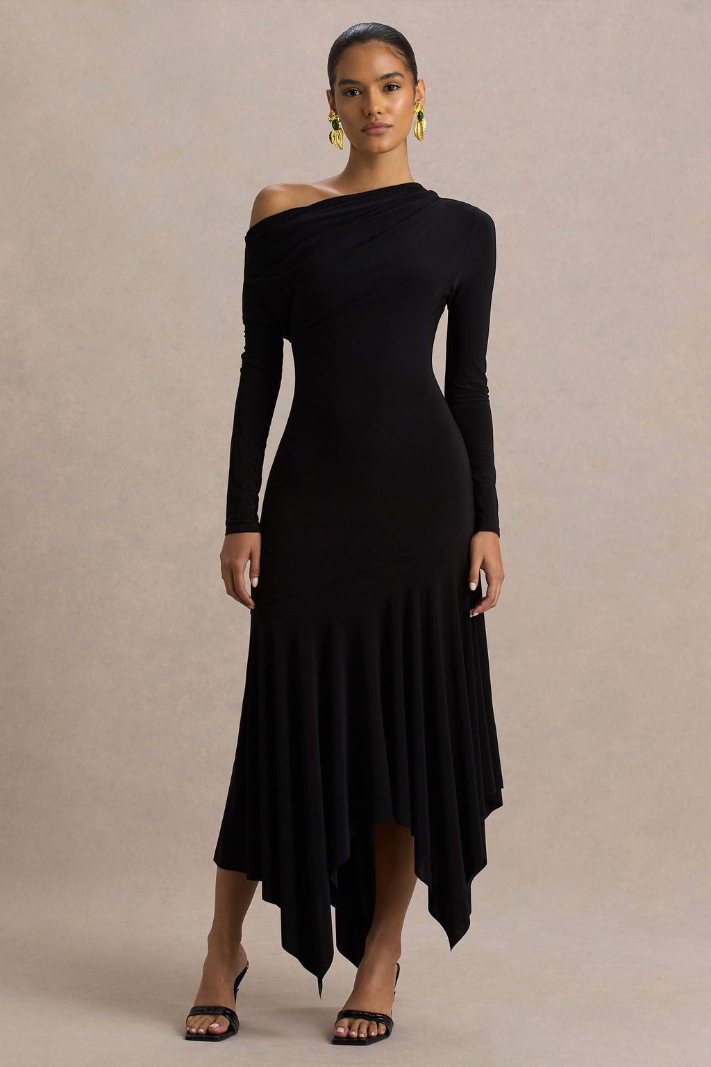 Isola | Black Asymmetric-Neck Midi Dress With Hanky-Hem