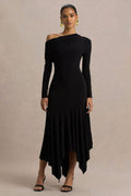 Isola | Black Asymmetric-Neck Midi Dress With Hanky-Hem