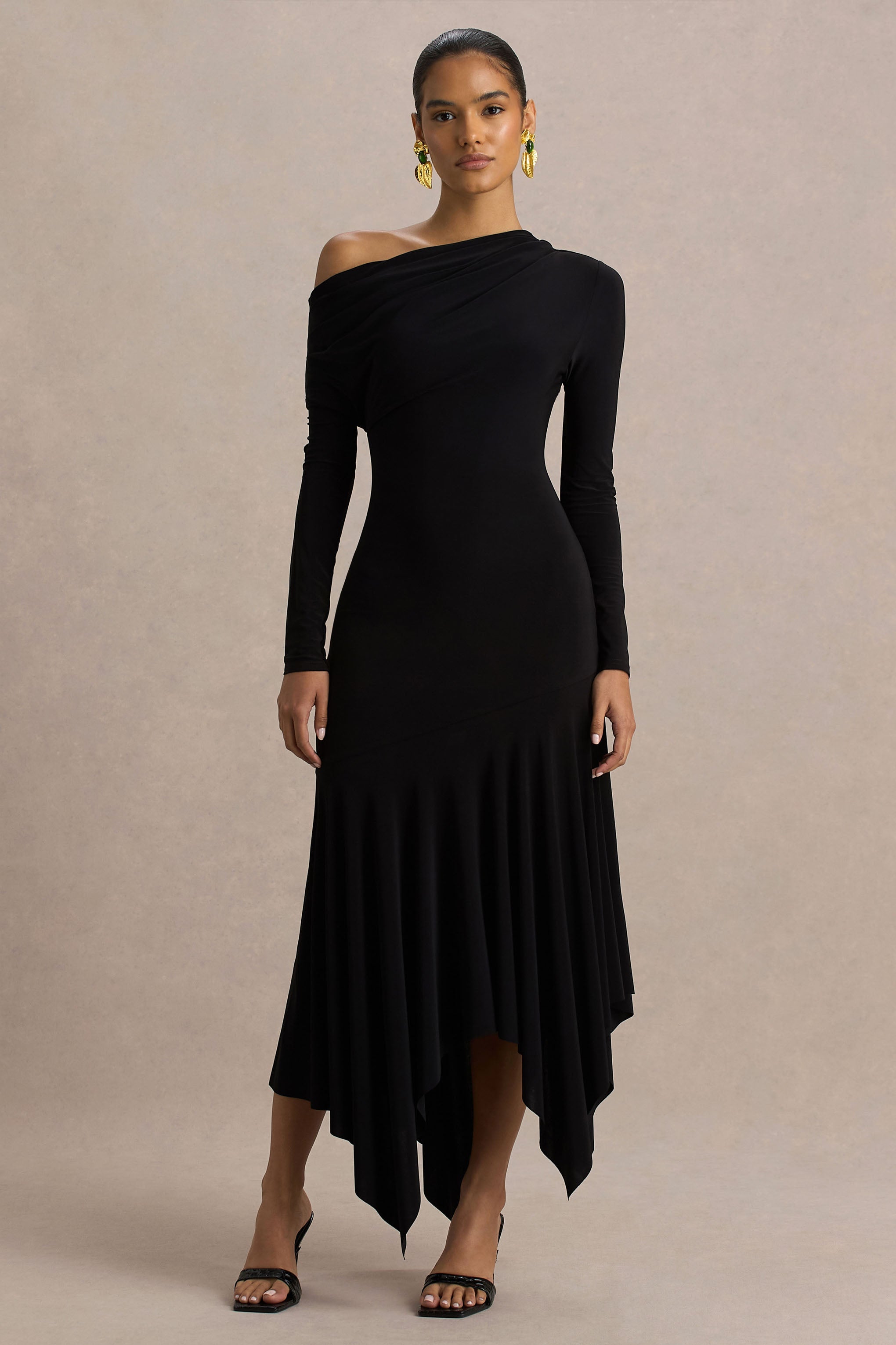 Isola | Black Asymmetric-Neck Midi Dress With Hanky-Hem