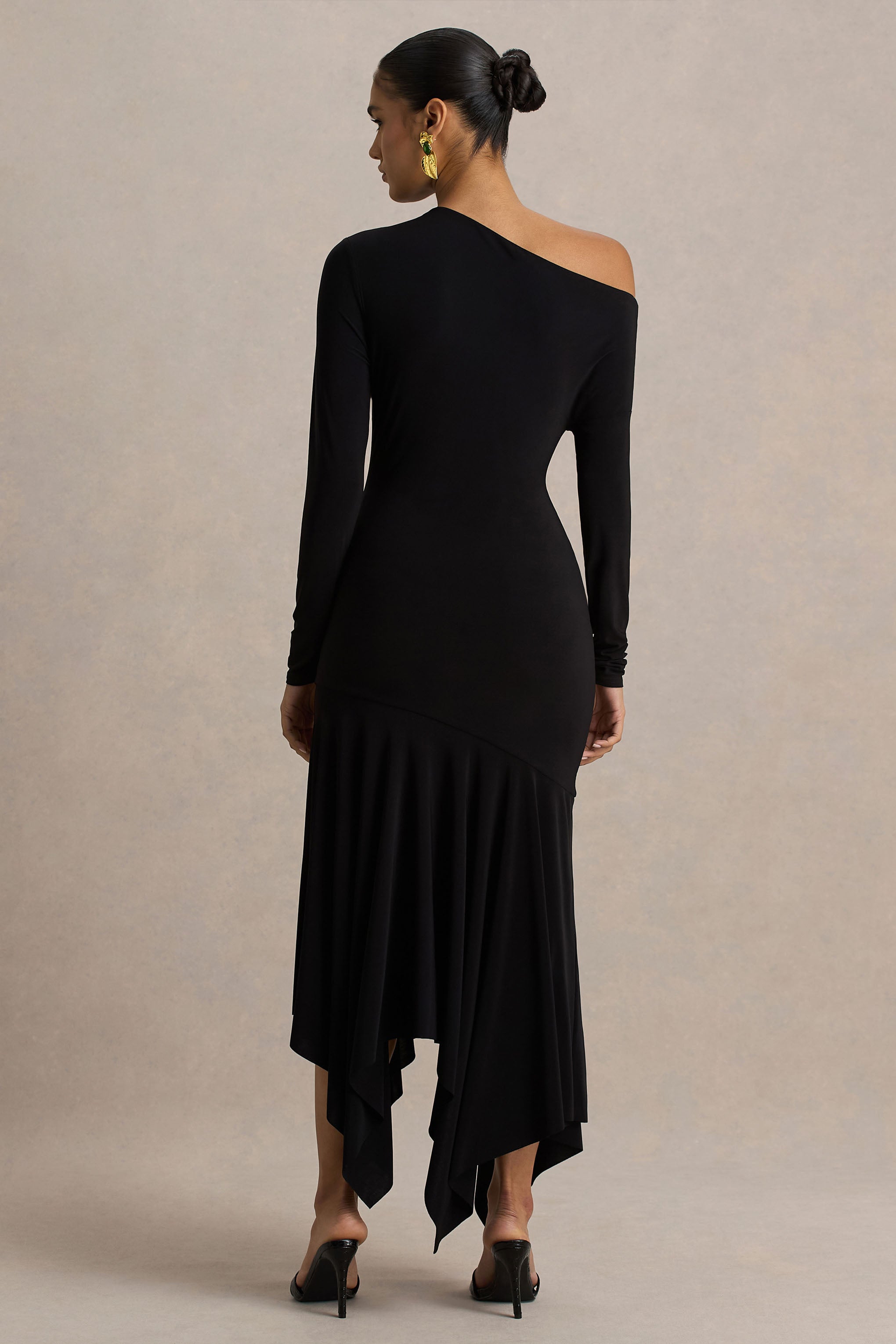 Isola | Black Asymmetric-Neck Midi Dress With Hanky-Hem