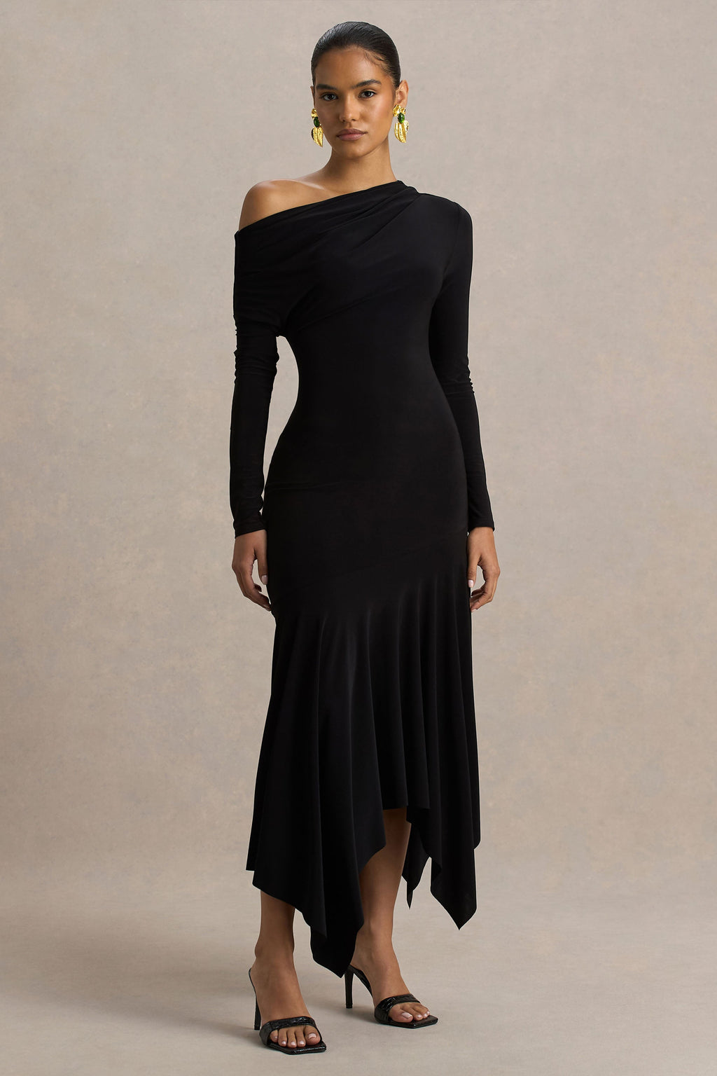 Isola | Black Asymmetric-Neck Midi Dress With Hanky-Hem
