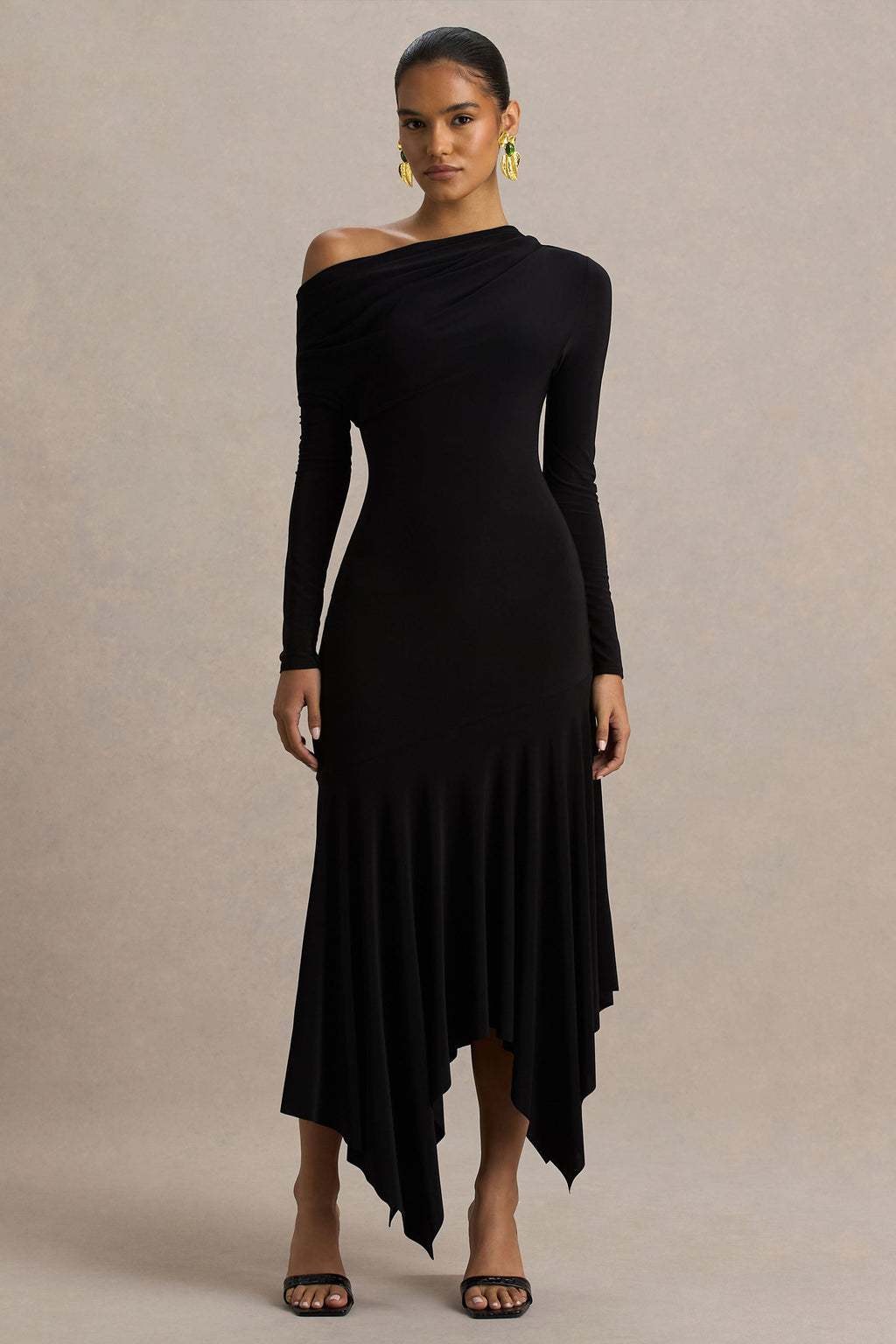 Isola | Black Asymmetric-Neck Midi Dress With Hanky-Hem