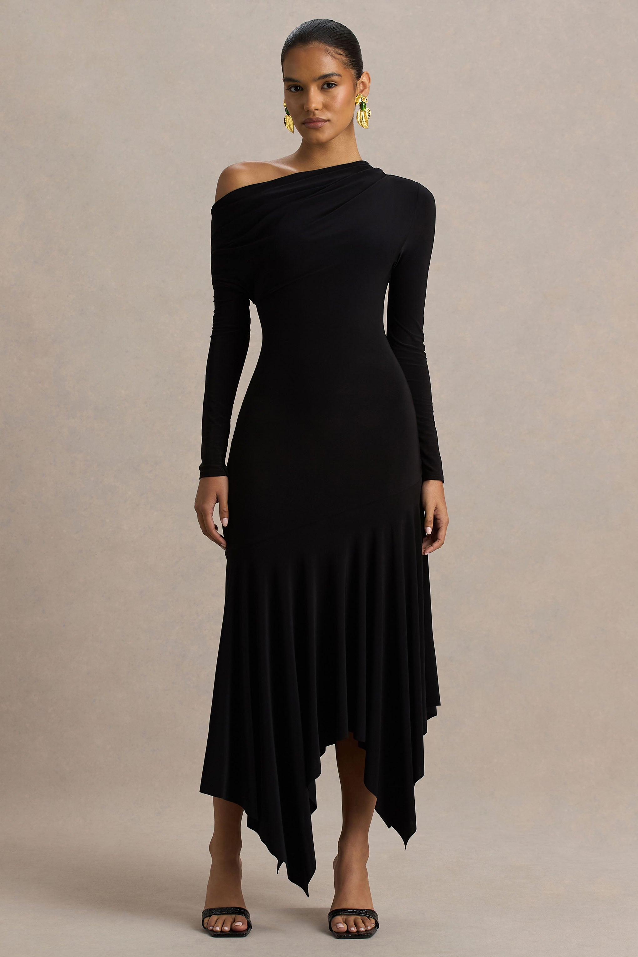 Isola | Black Asymmetric-Neck Midi Dress With Hanky-Hem