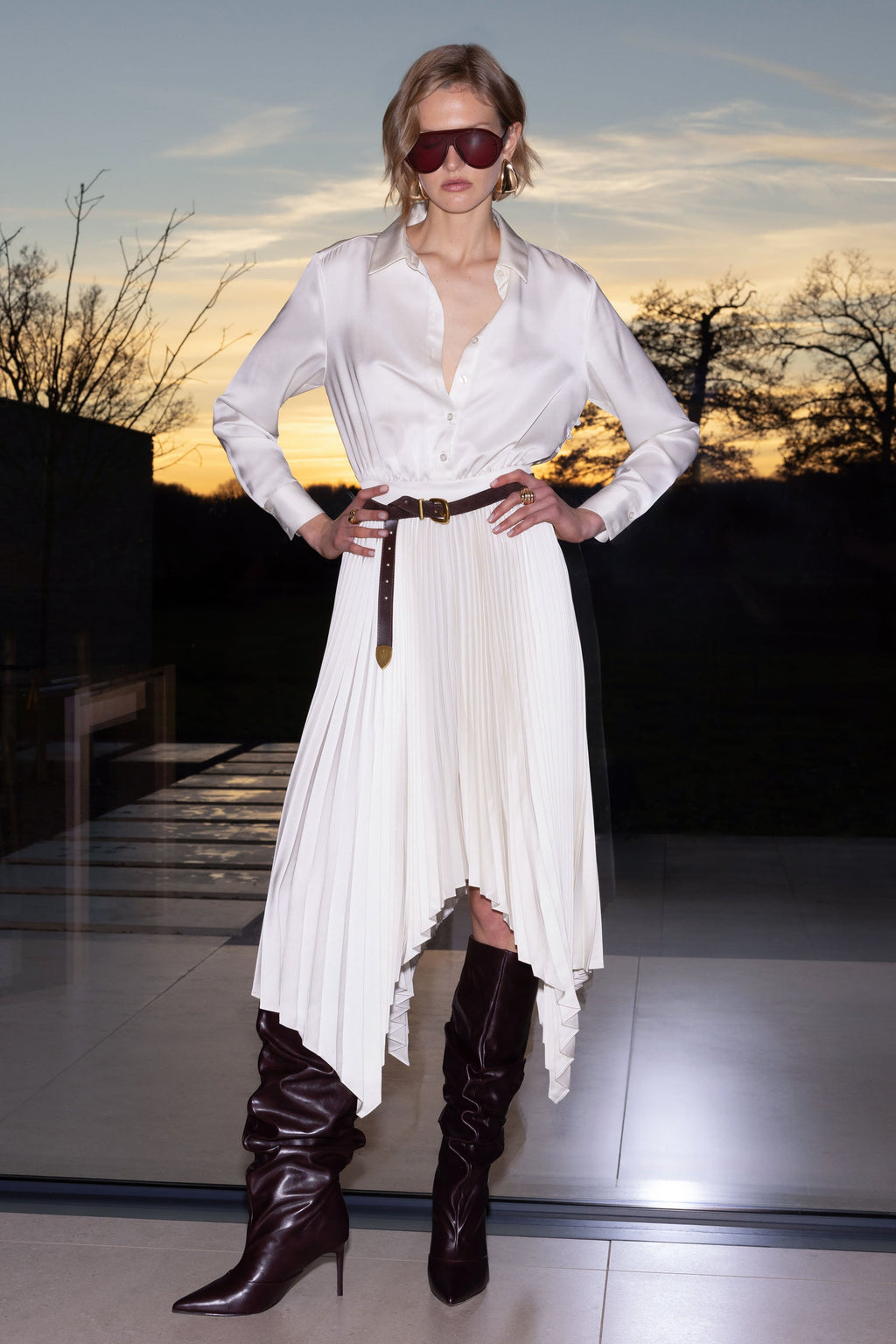 Naxos | Cream Satin Shirt Maxi Dress With Pleated Skirt