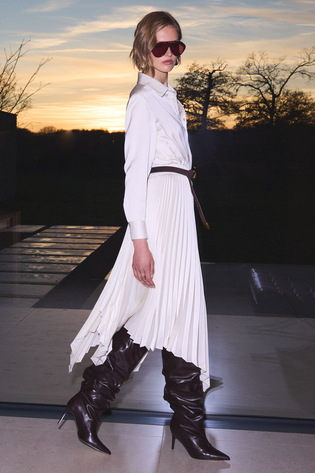 Naxos | Cream Satin Shirt Maxi Dress With Pleated Skirt