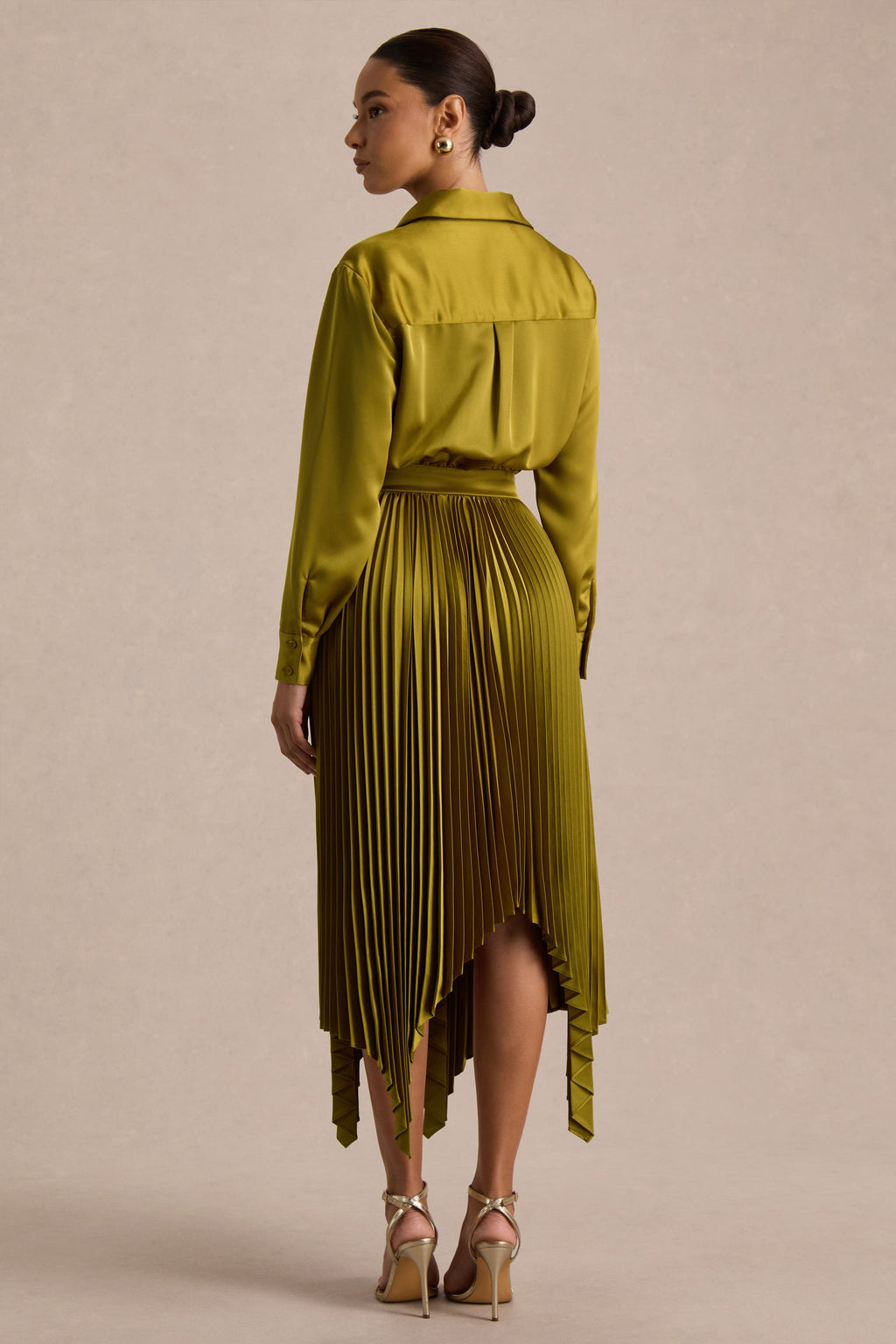 Naxos | Olive Satin Shirt Maxi Dress With Pleated Skirt