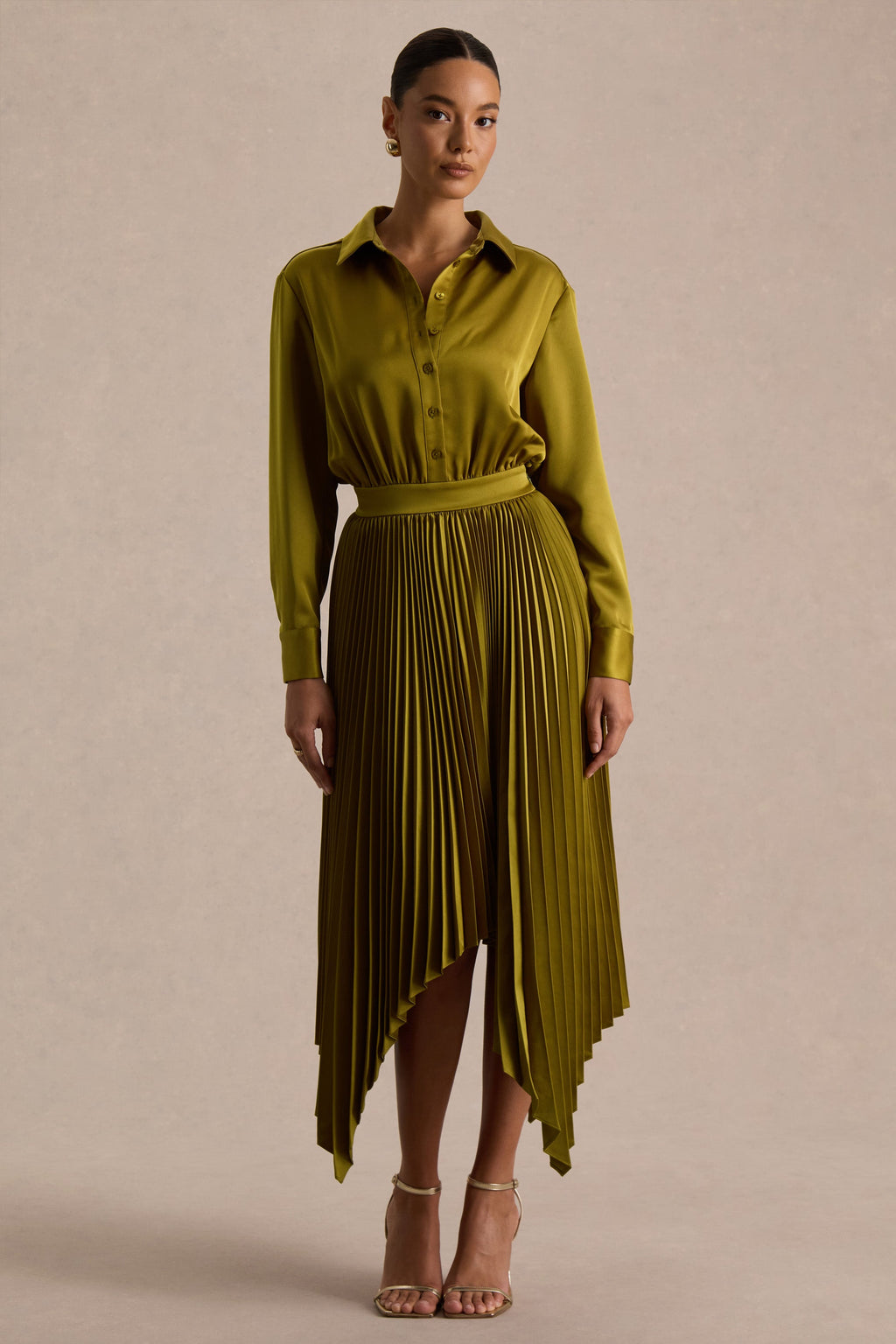 Naxos | Olive Satin Shirt Maxi Dress With Pleated Skirt