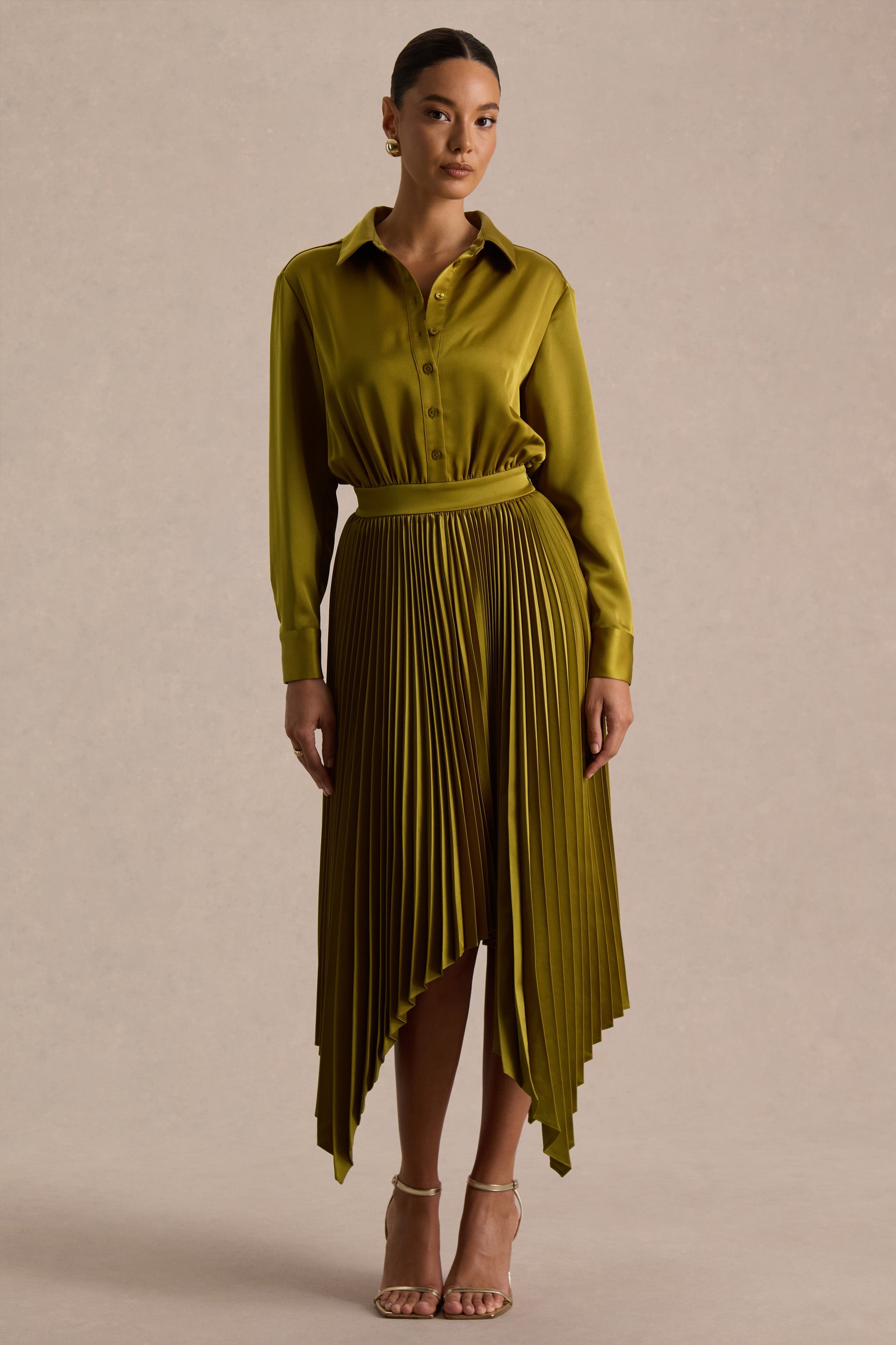 Naxos | Olive Satin Shirt Maxi Dress With Pleated Skirt