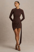Calista | Brown Crew-Neck Mini Dress With Sash