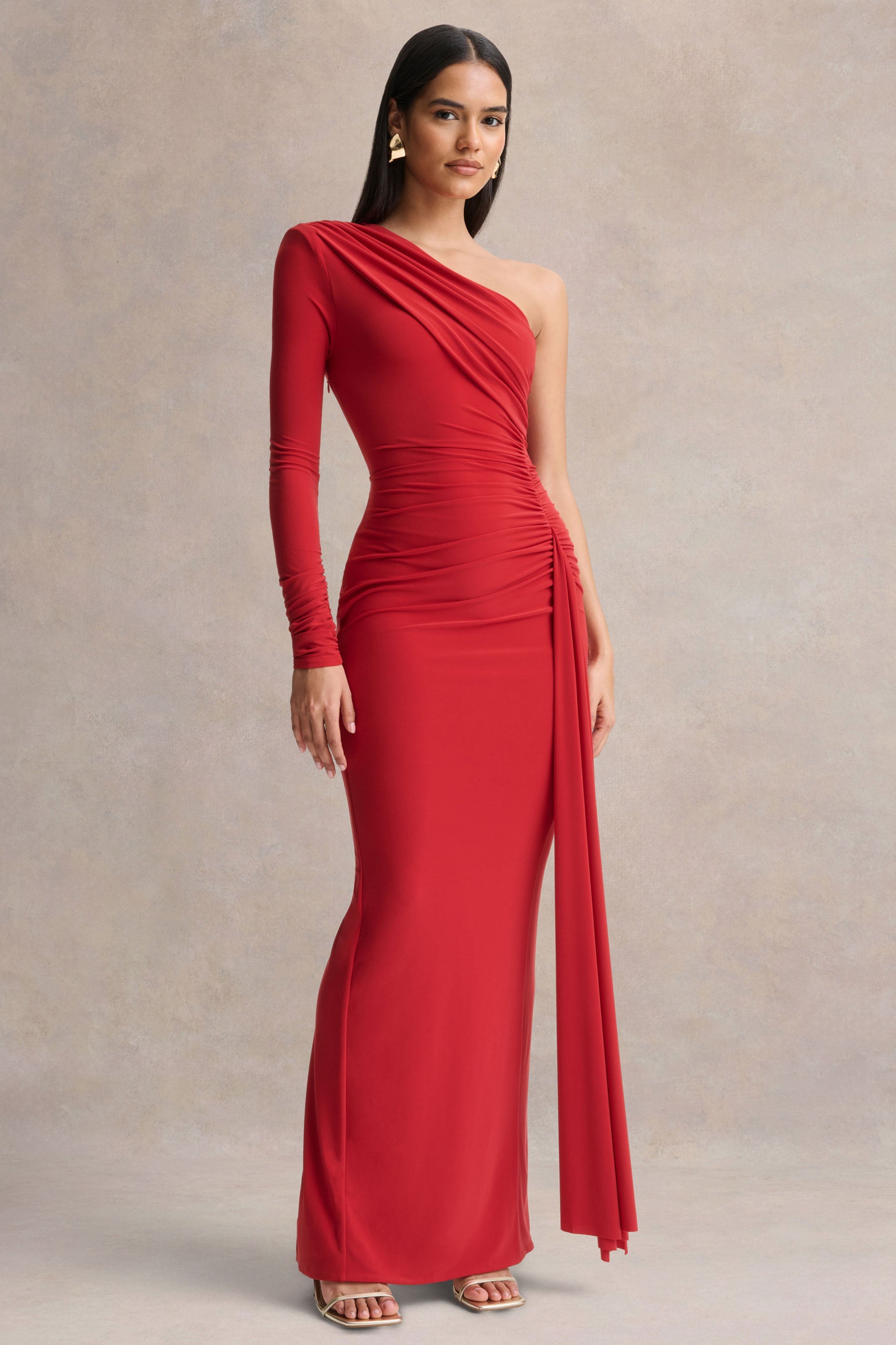Anne | Red Asymmetric-Neck Wrapped Maxi Dress With Sash