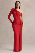 Anne | Red Asymmetric-Neck Wrapped Maxi Dress With Sash