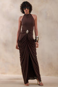 Horizon | Brown High-Neck Maxi Dress With Draped Detailing