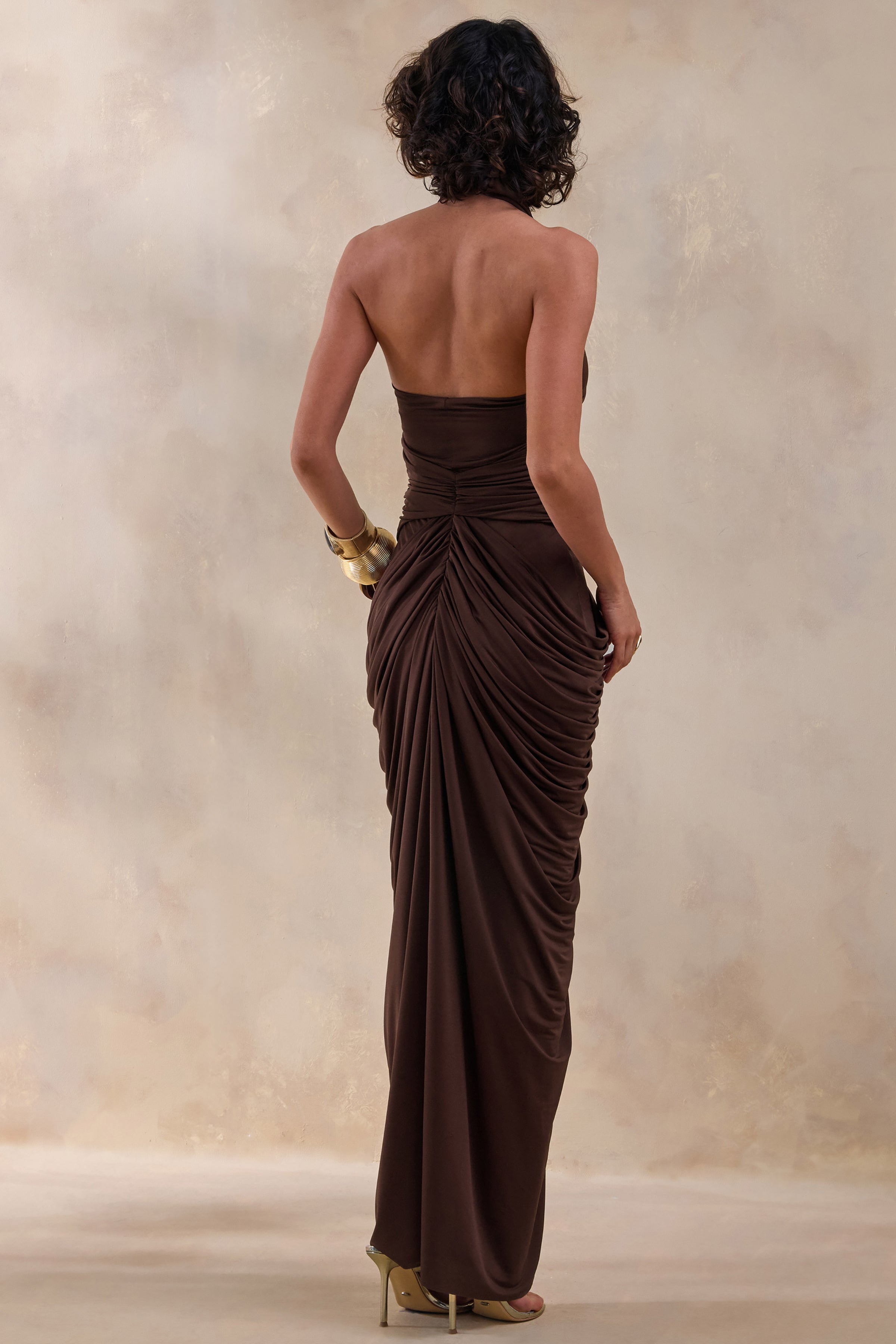 Horizon | Brown High-Neck Maxi Dress With Draped Detailing