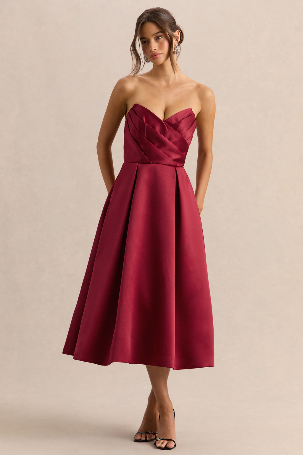Promises | Red Satin Sweetheart-Neck Midi Dress