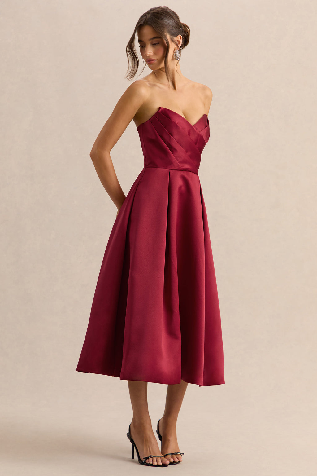 Promises | Red Satin Sweetheart-Neck Midi Dress