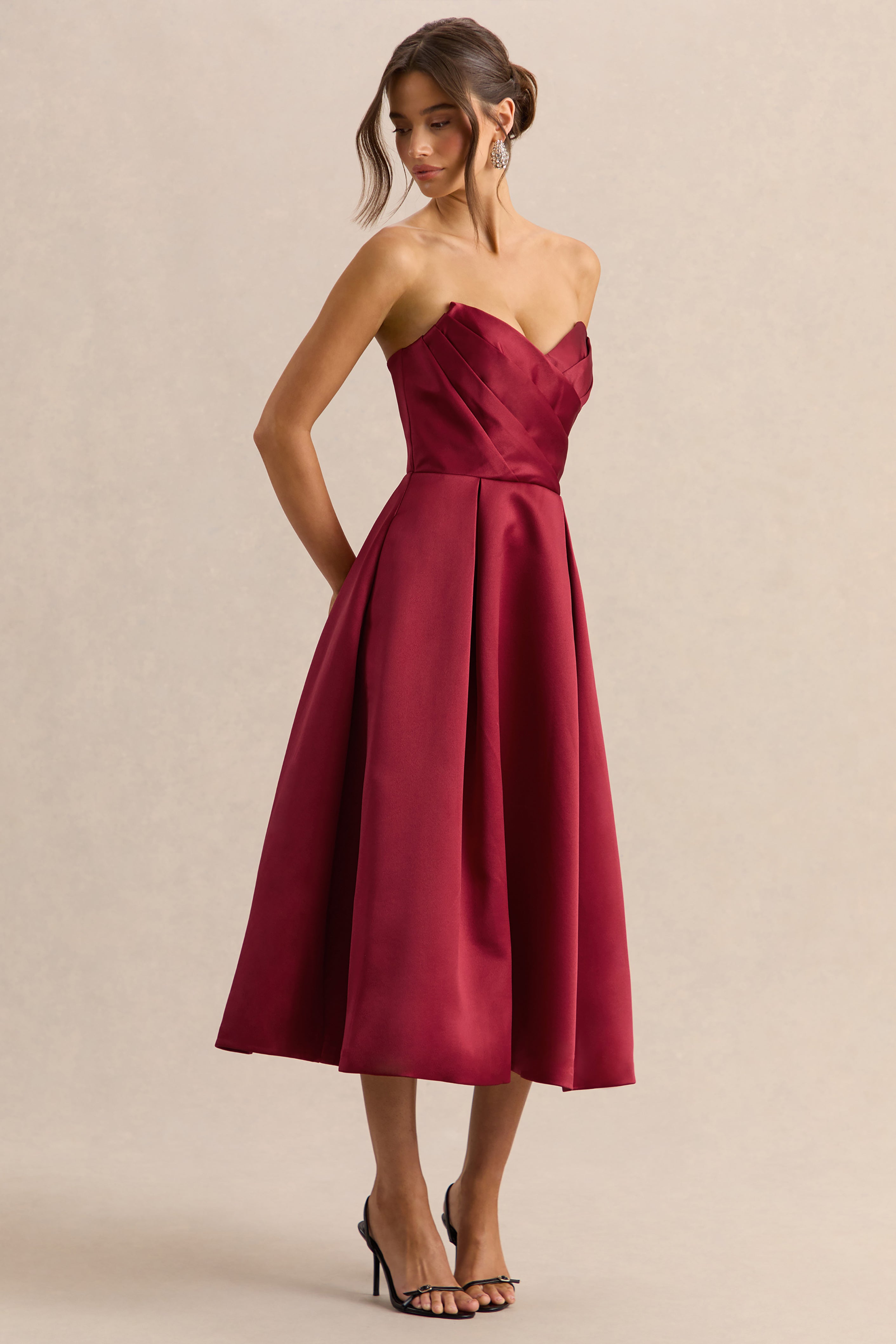 Promises | Red Satin Sweetheart-Neck Midi Dress