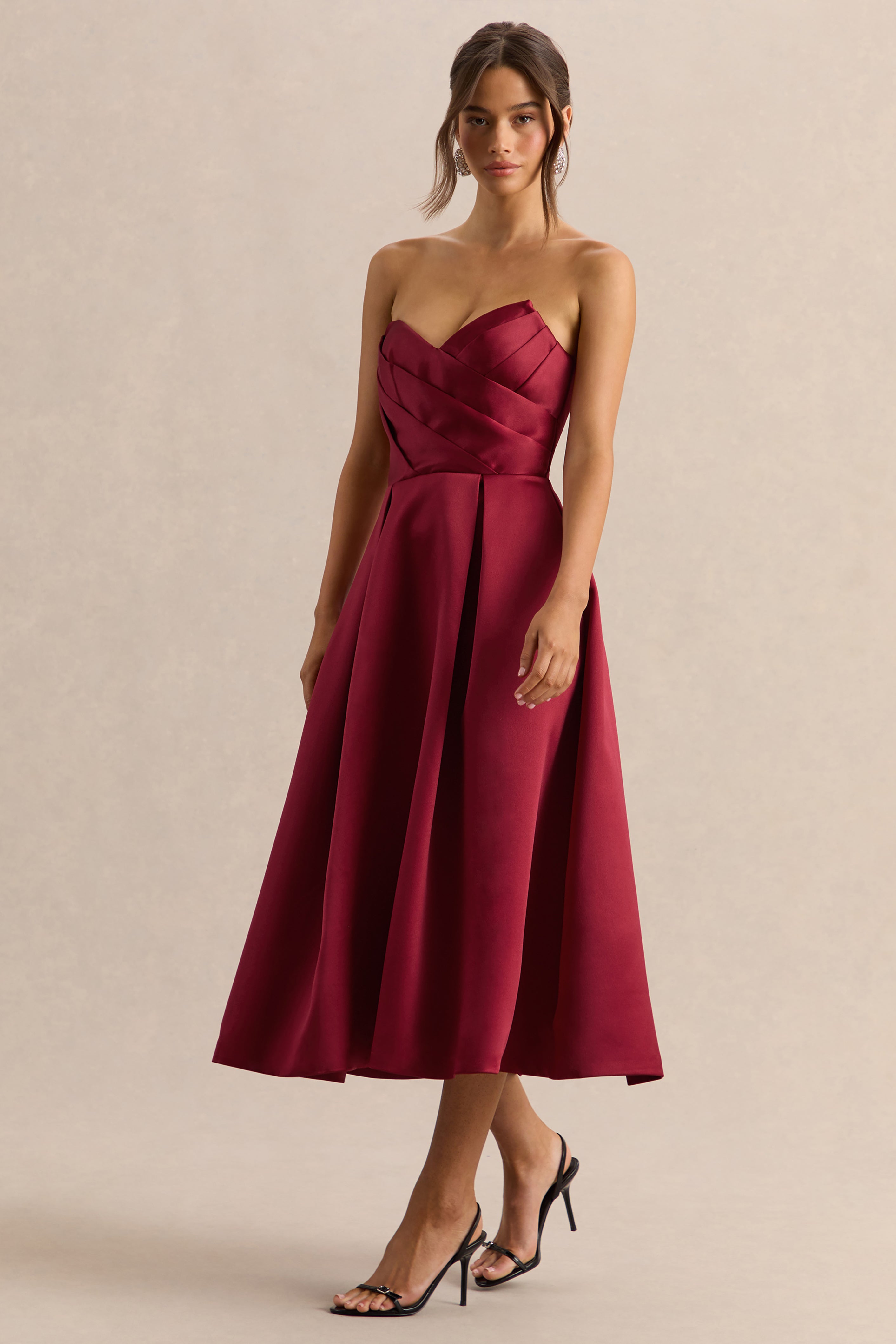 Promises | Red Satin Sweetheart-Neck Midi Dress