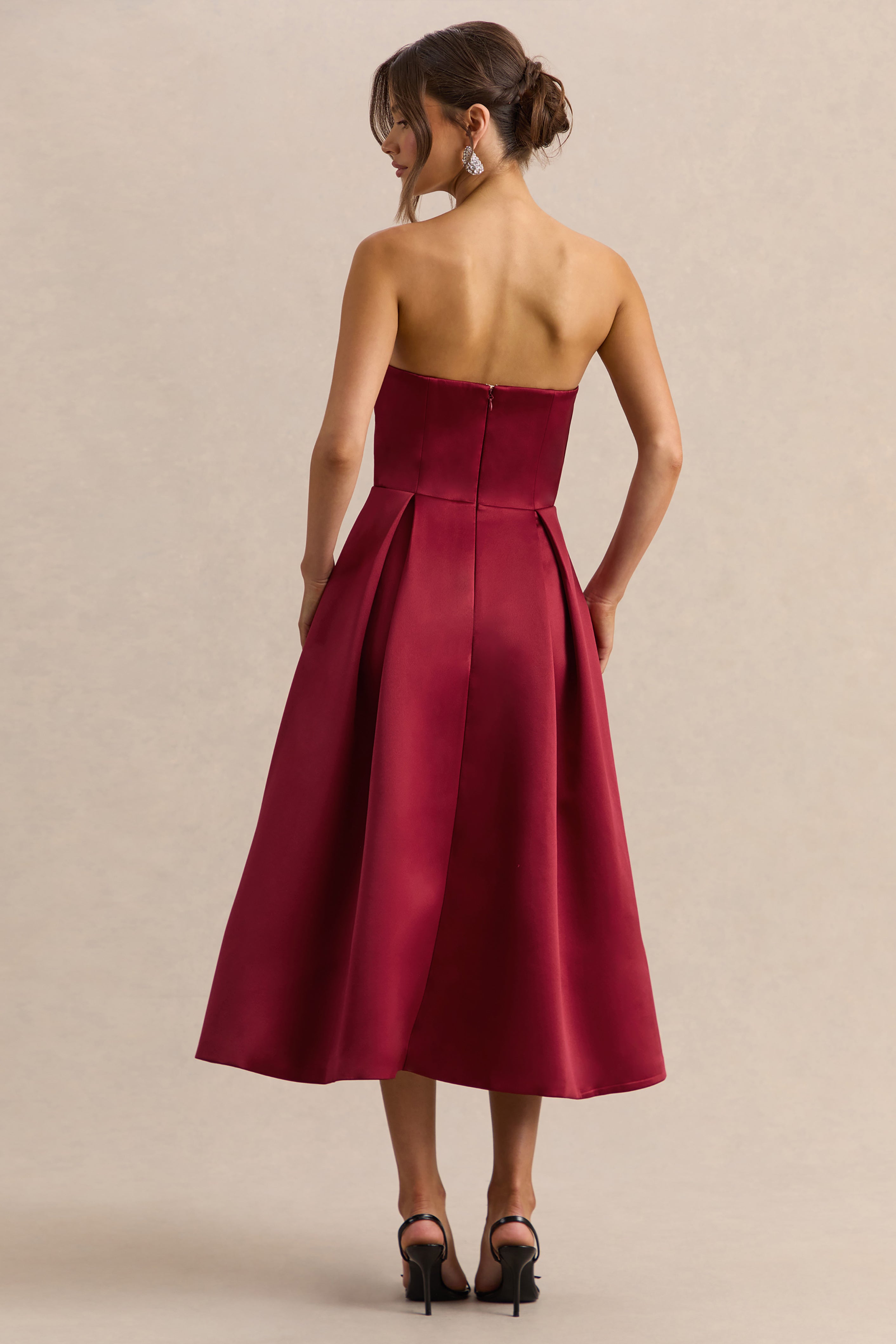 Promises | Red Satin Sweetheart-Neck Midi Dress