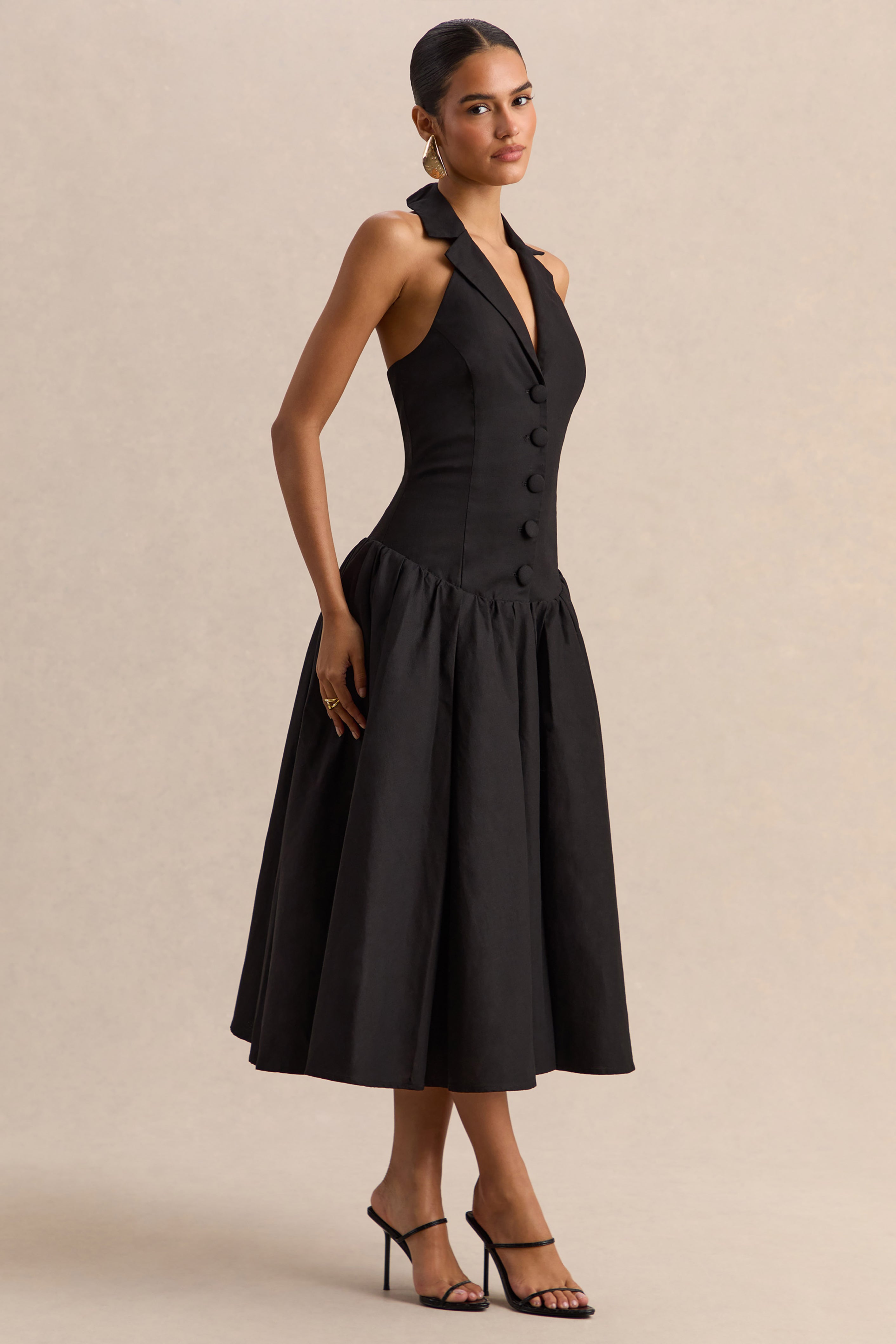 Ella | Black Plunge-Neck Midi Dress With Drop-Waist