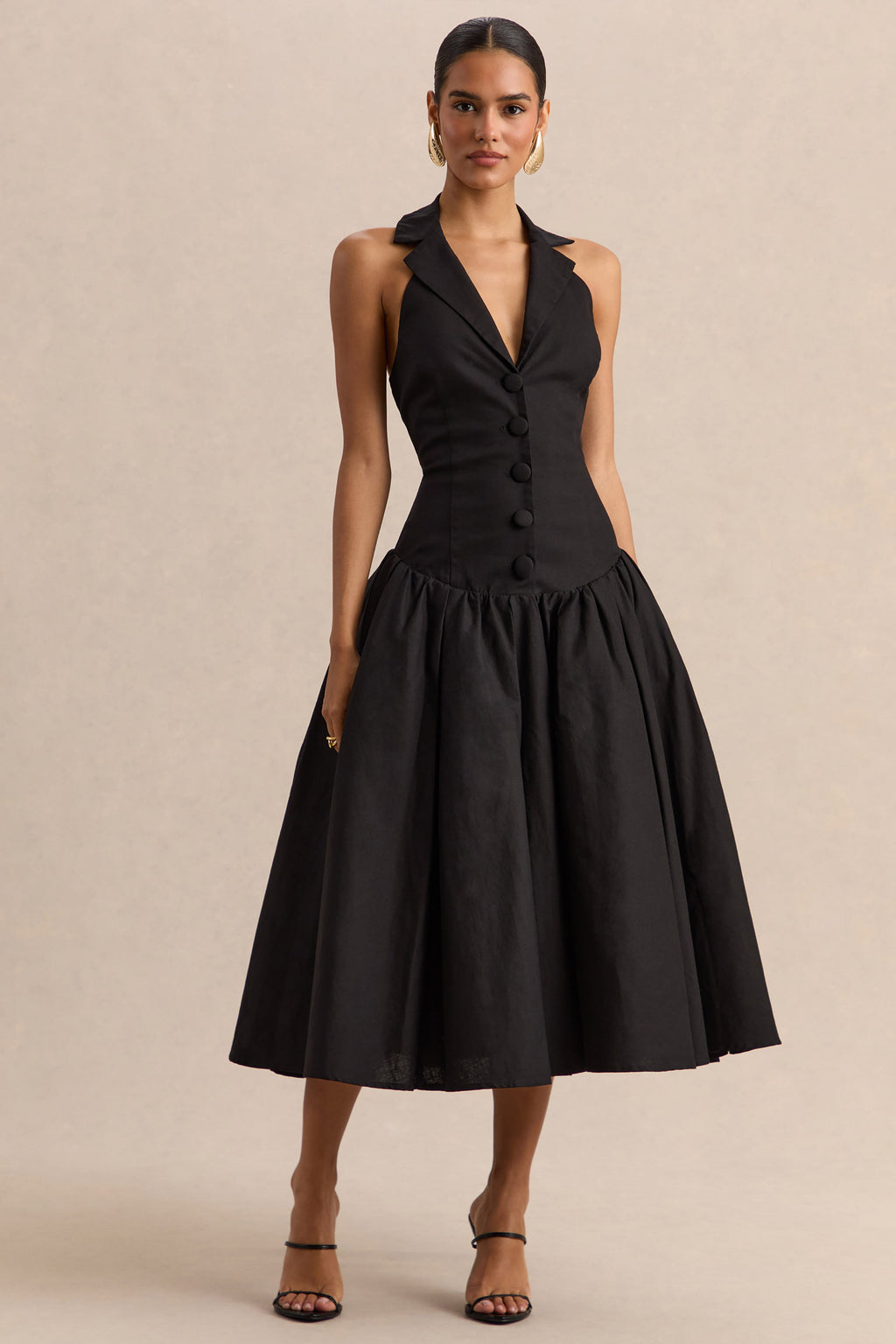 Ella | Black Plunge-Neck Midi Dress With Drop-Waist