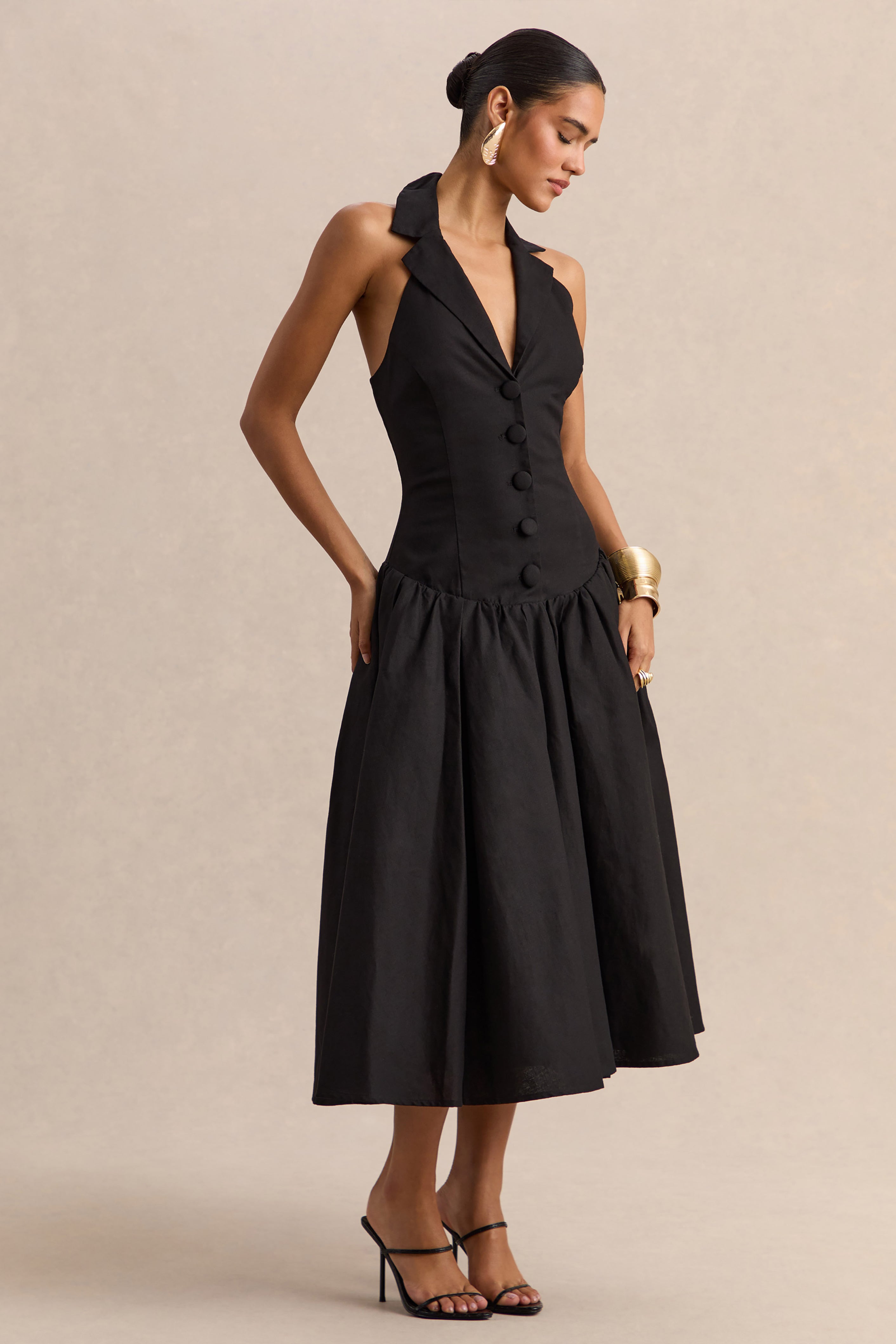 Ella | Black Plunge-Neck Midi Dress With Drop-Waist
