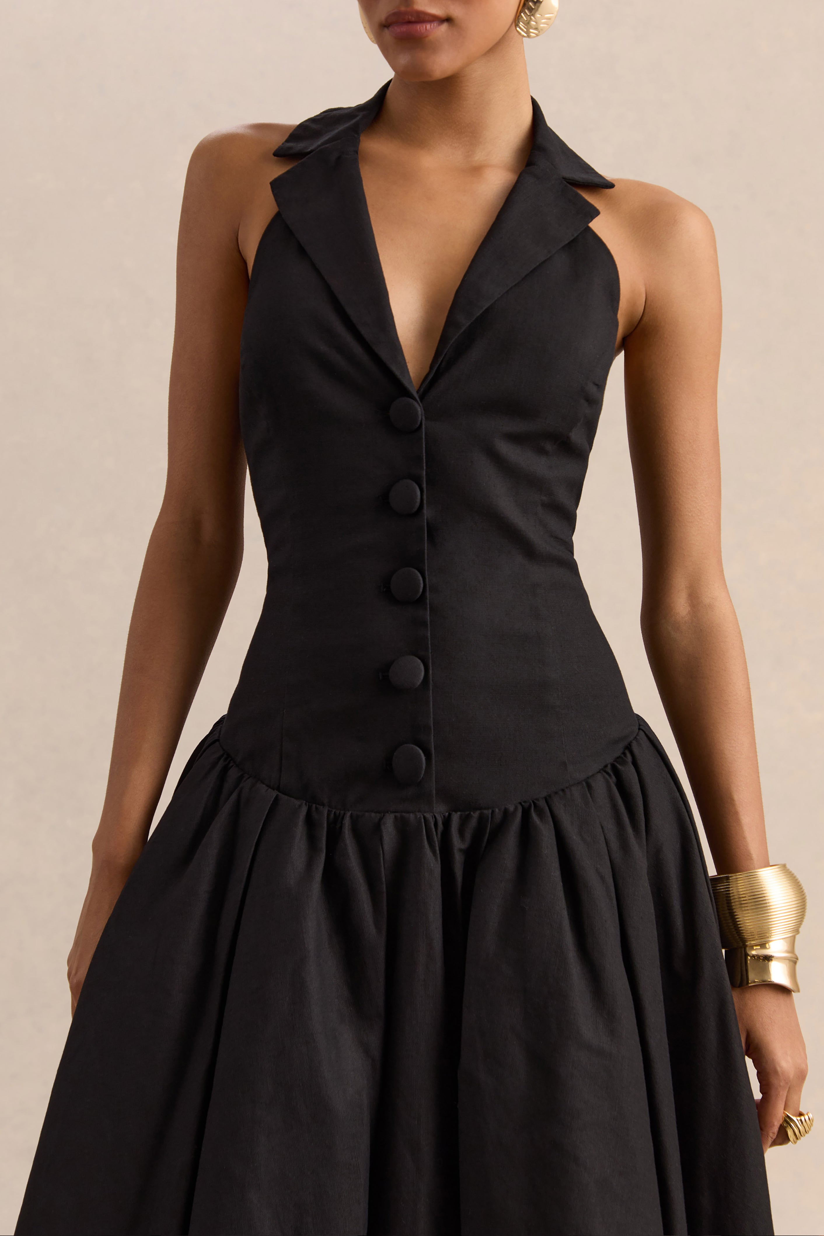 Ella | Black Plunge-Neck Midi Dress With Drop-Waist