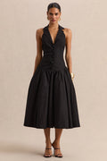 Ella | Black Plunge-Neck Midi Dress With Drop-Waist