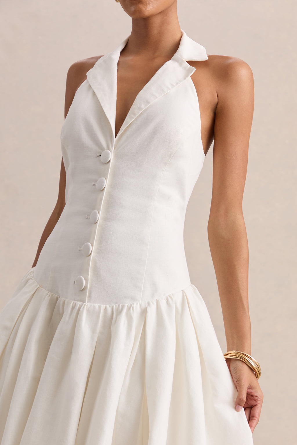 Ella | White Plunge-Neck Midi Dress With Drop-Waist