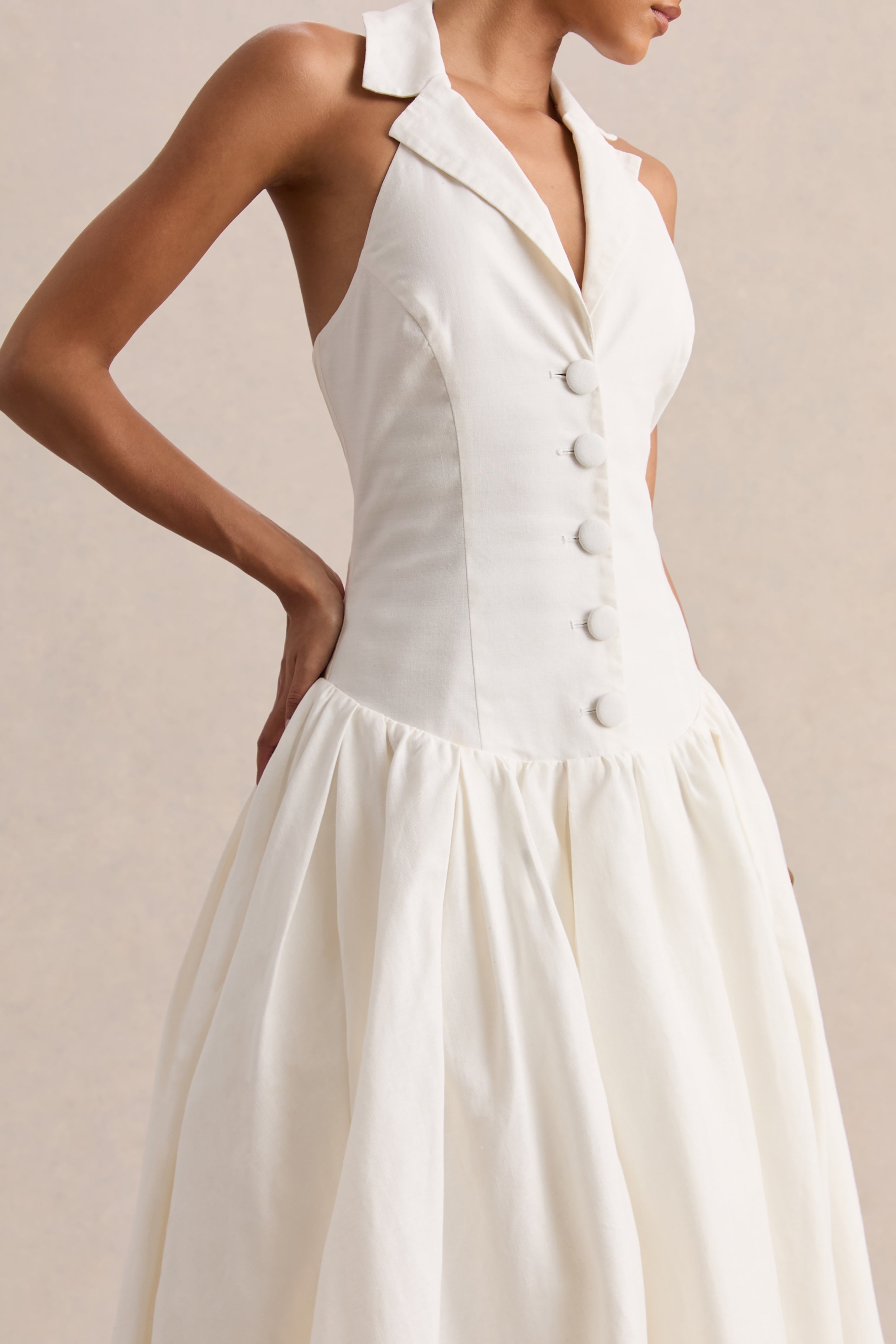 Ella | White Plunge-Neck Midi Dress With Drop-Waist