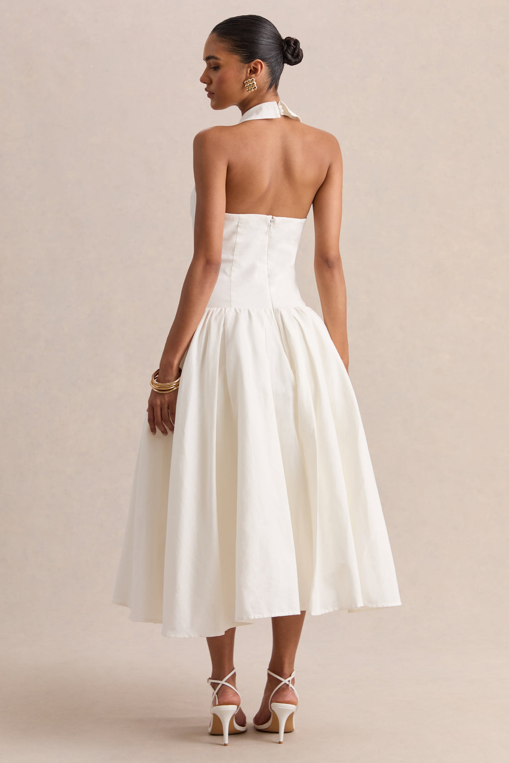 Ella | White Plunge-Neck Midi Dress With Drop-Waist