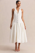 Ella | White Plunge-Neck Midi Dress With Drop-Waist
