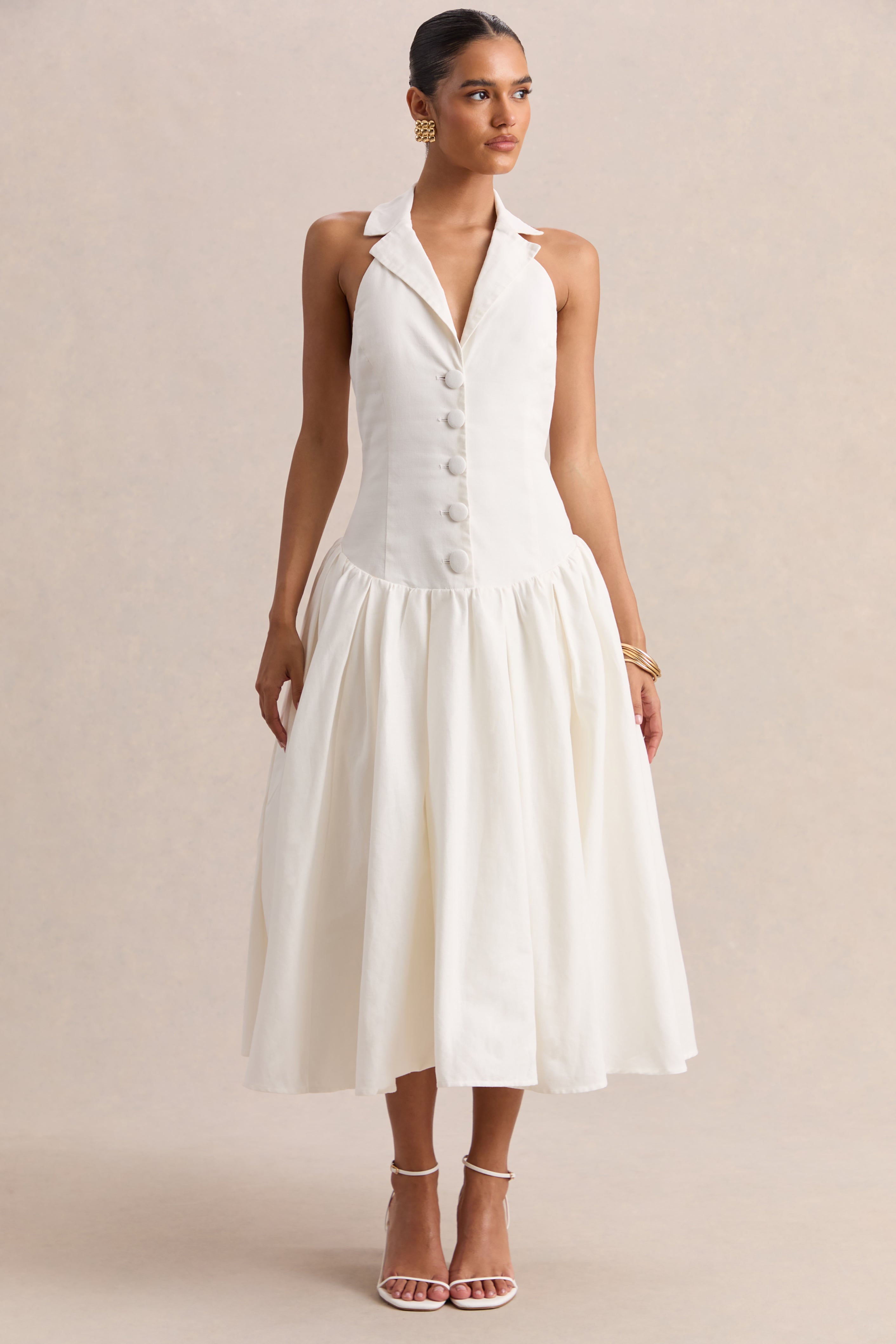 Ella | White Plunge-Neck Midi Dress With Drop-Waist